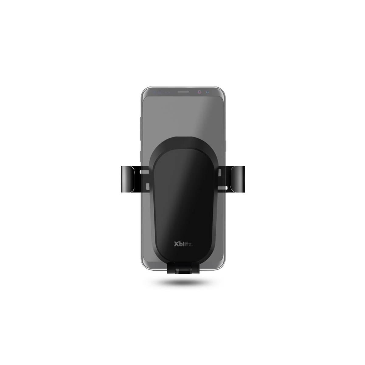 Un supporto per telefono nero con un telefono all'interno, su sfondo bianco.