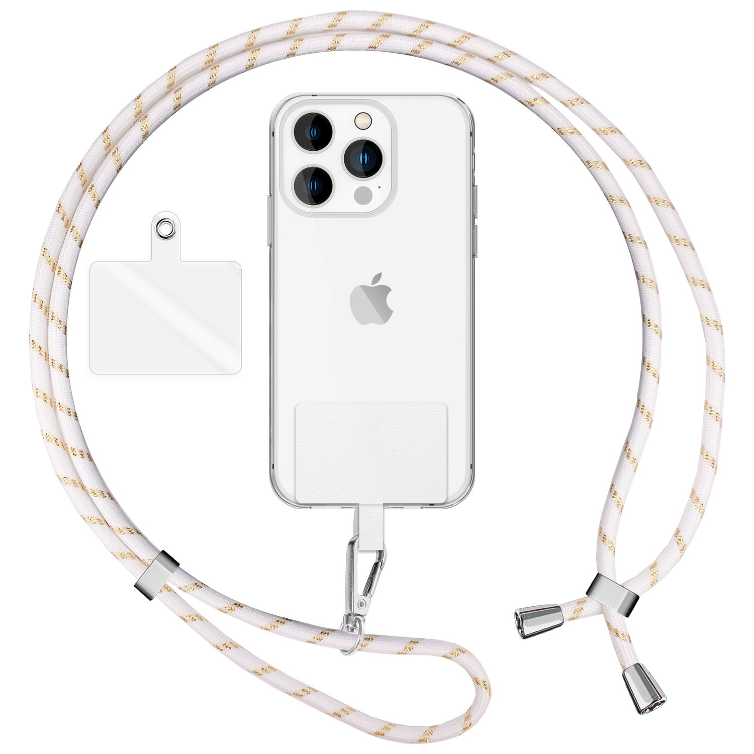 Transparente Handyhülle mit weißem Umhängeband und transparentem Kunststoffanhänger. Telefon im Case.