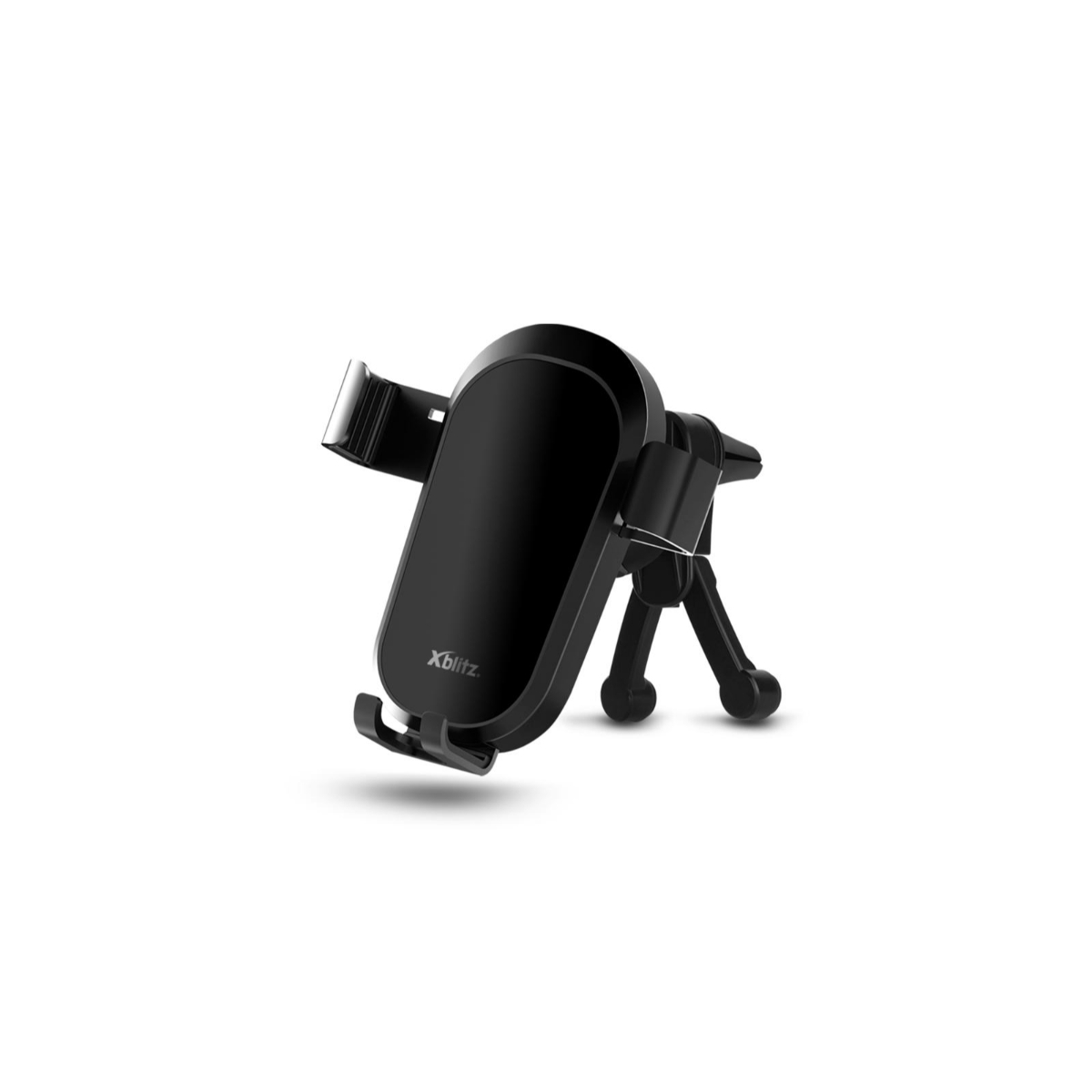Supporto per telefono per auto nero, con schienale e gambe neri. È su uno sfondo bianco.