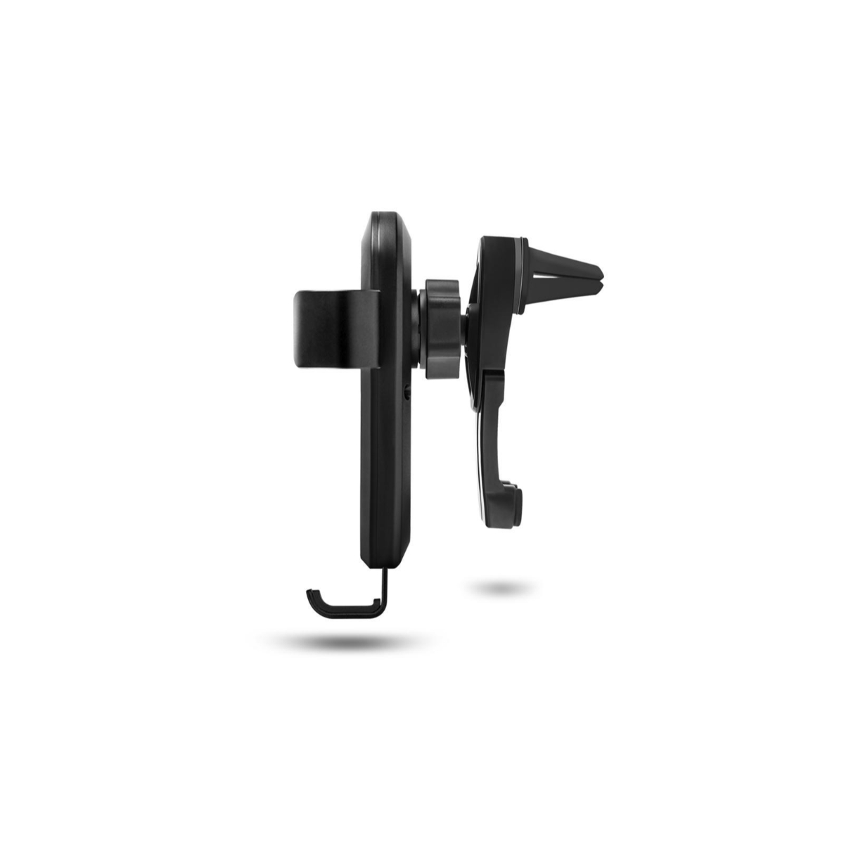Supporto per telefono nero per auto. Il supporto ha una clip per il fissaggio alla presa d'aria.