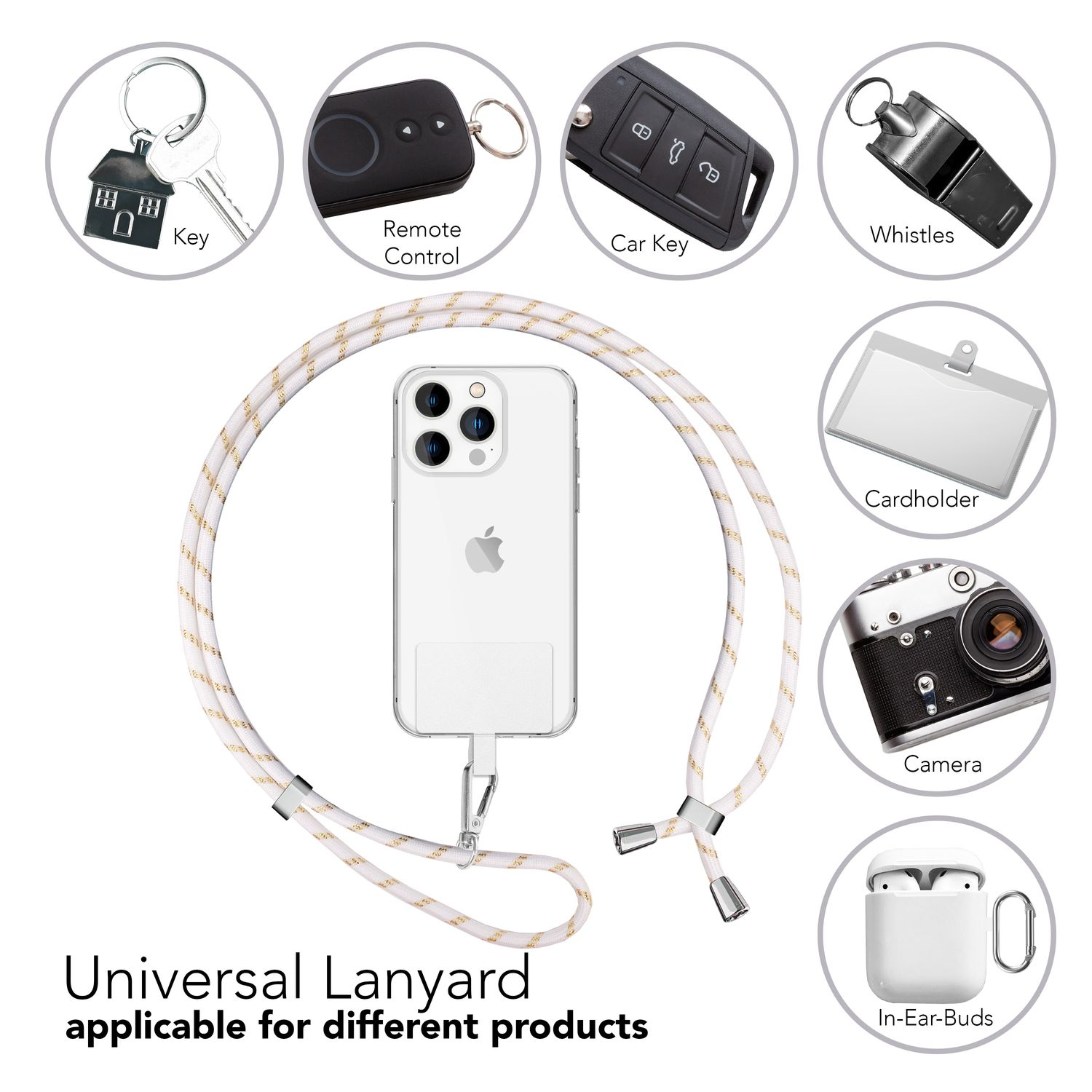 Universelles Schlüsselband mit Telefon, umgeben von Schlüsseln, Fernbedienung, Autoschlüssel, Pfeifen, Kartenhalter und mehr.