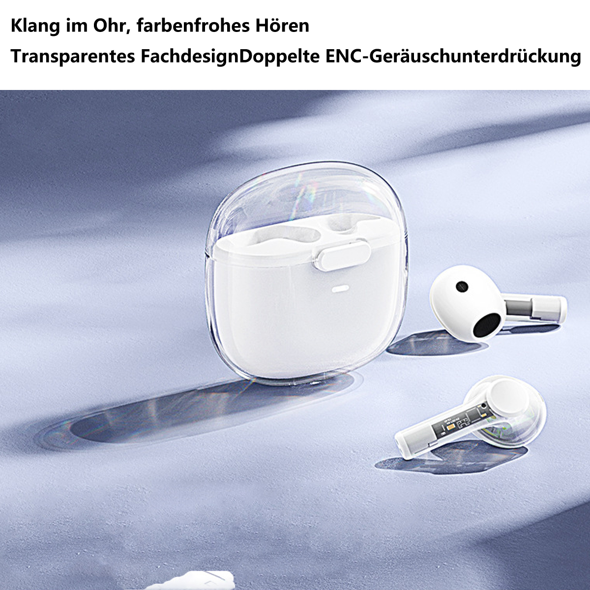 Weiße kabellose Ohrhörer in einem transparenten Gehäuse. Das Gehäuse ist offen, und es gibt einen Schatten auf einer lila Oberfläche.