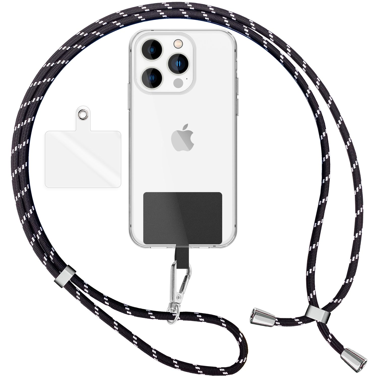 Transparente Handyhülle mit Umhängeband, ein Telefon mit Apple-Logo und ein Aufkleber.