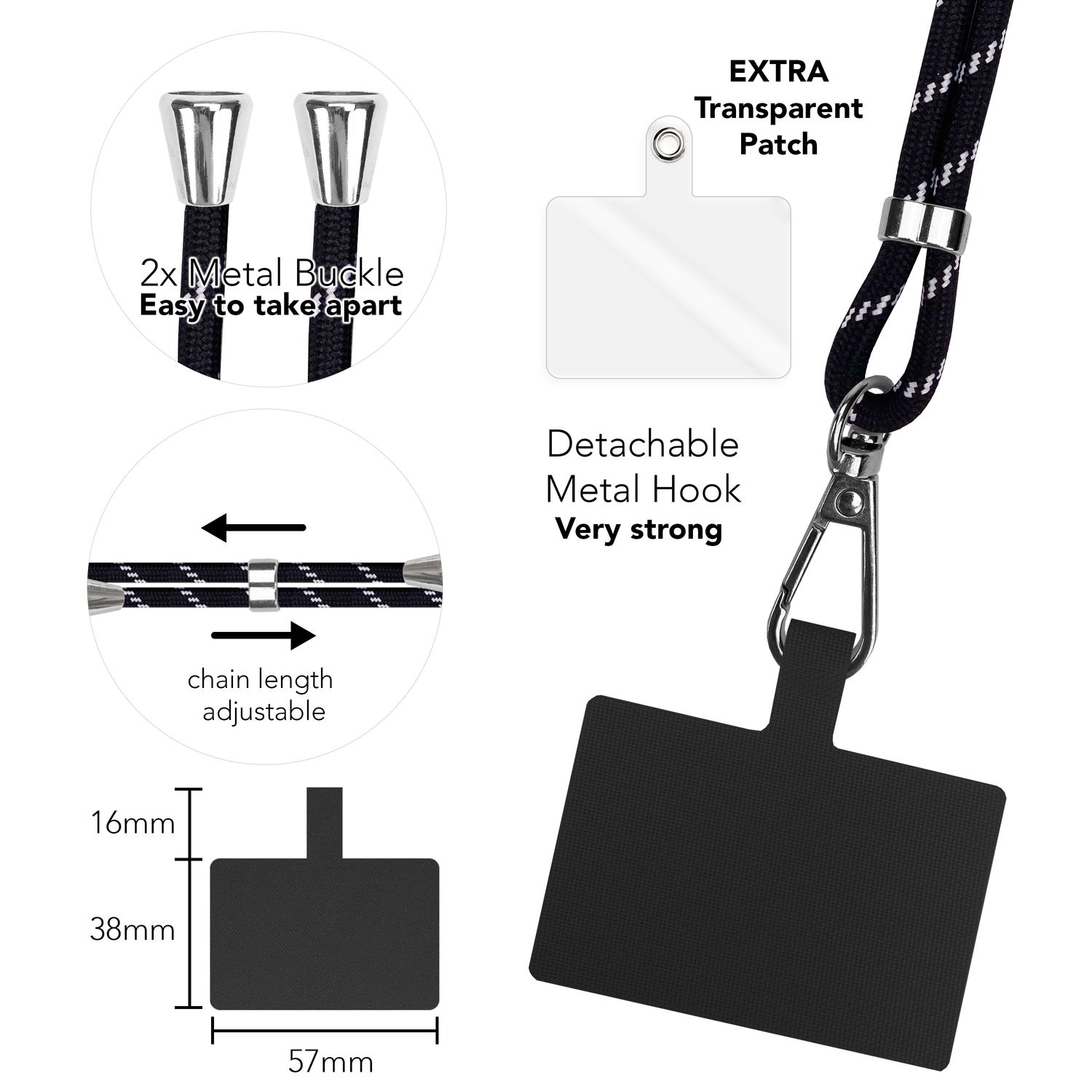 Nahaufnahme von Lanyard-Teilen: Metallschnallen, verstellbare Kette, abnehmbarer Metallhaken und ein transparentes Patch.