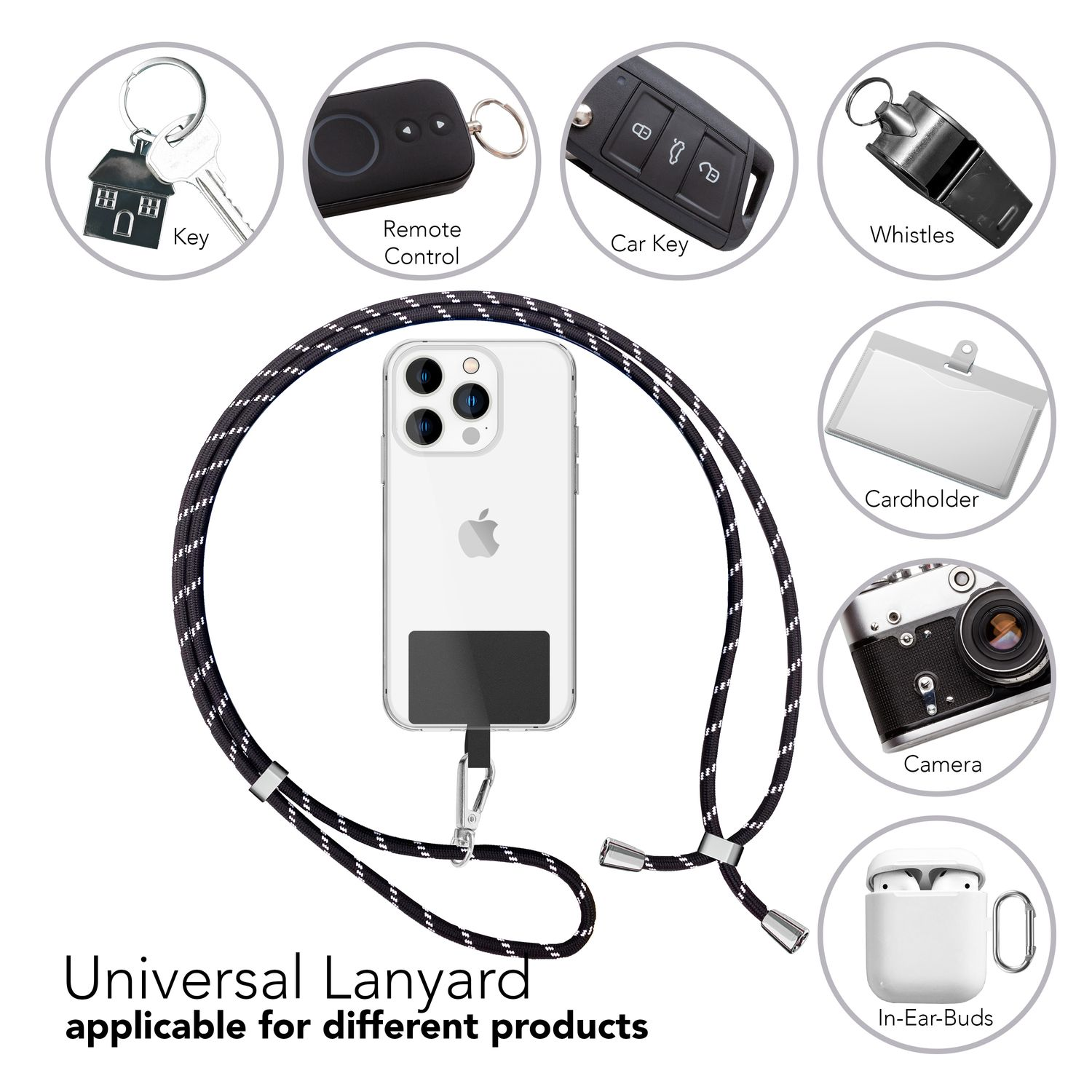 Ein Telefon mit Schlüsselband, Schlüssel, Fernbedienung, Autoschlüssel, Pfeifen, Kartenhalter, Kamera und Ohrhörern auf weißem Hintergrund.
