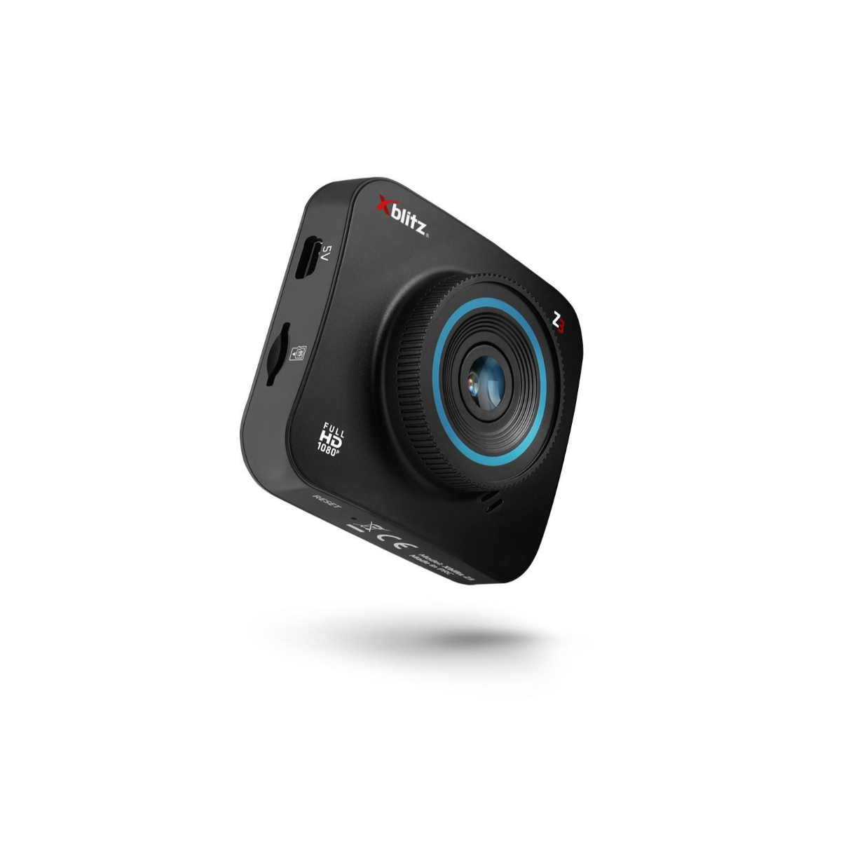 Dashcam negra con lente, anillo azul, sobre fondo blanco.