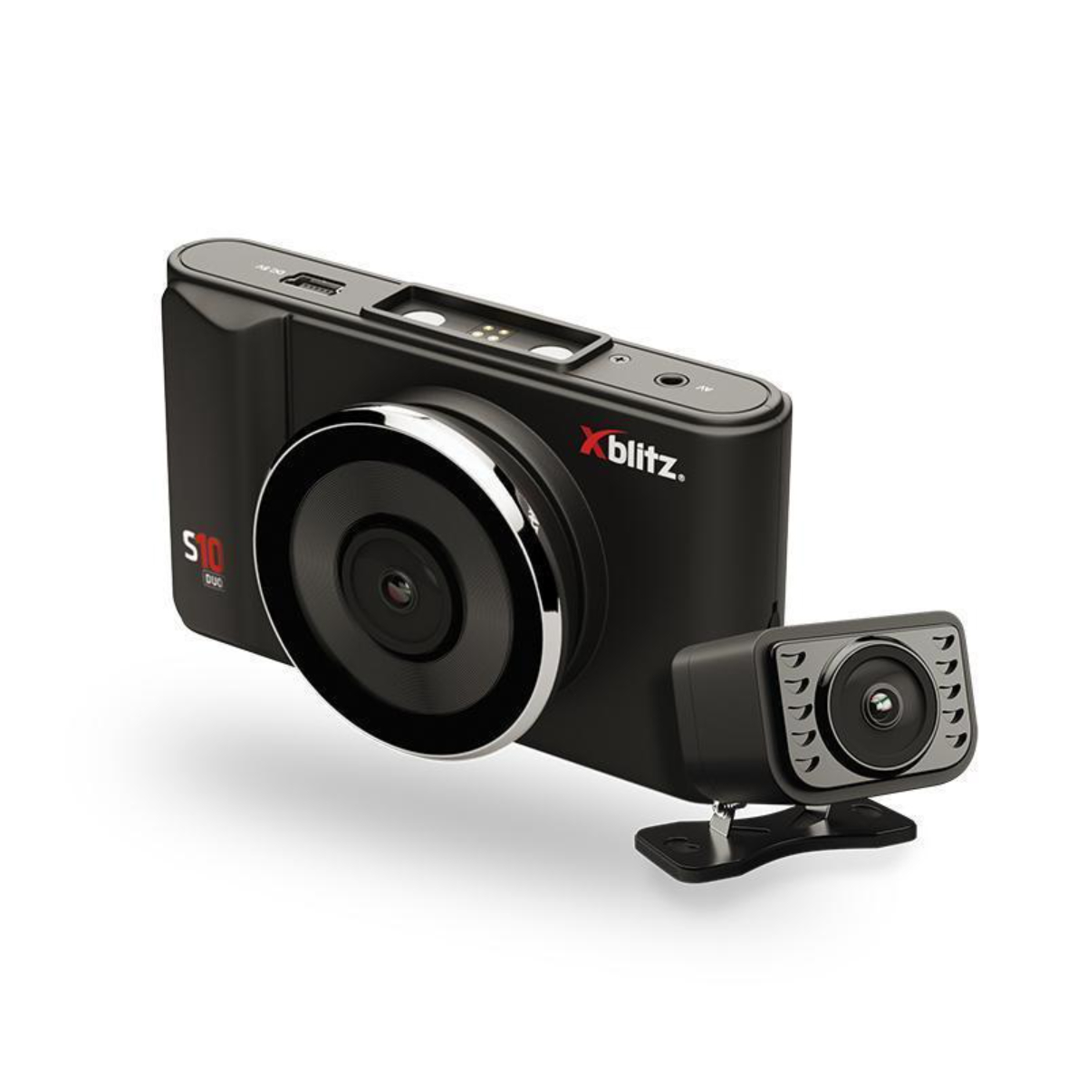 Schwarze Dashcam mit zweiter, kleinerer Kamera. Beide Kameras sind auf weißem Hintergrund platziert.