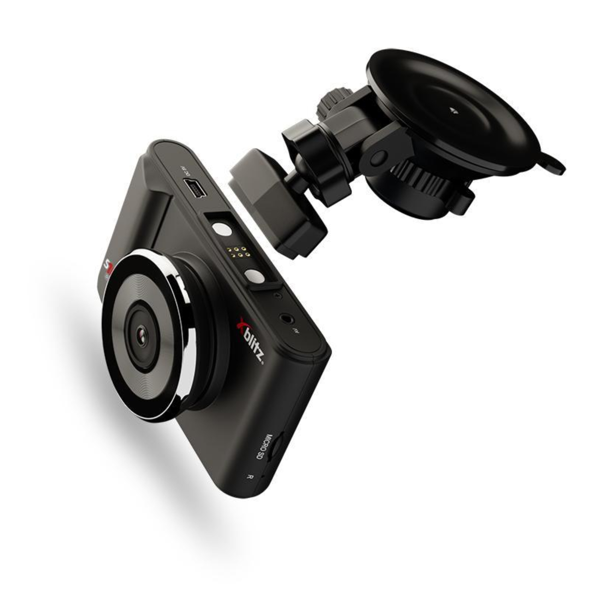 Schwarze Dashcam mit abgetrennter Halterung auf weißem Hintergrund. Die Kamera hat ein Objektiv und Knöpfe.