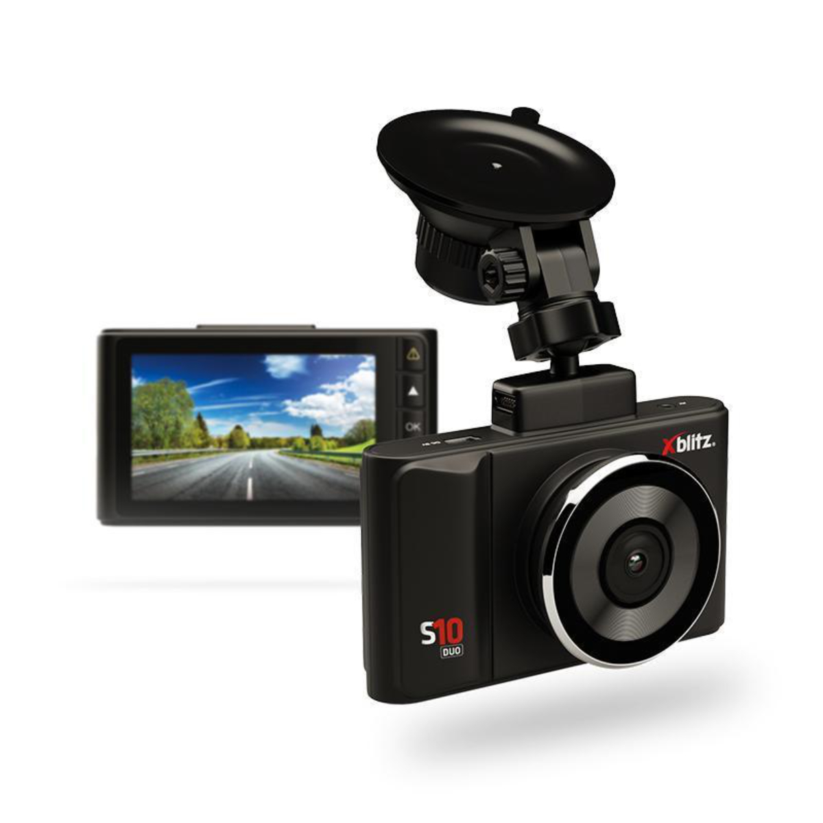 Eine schwarze Dashcam mit Bildschirm und Saugnapfhalterung.