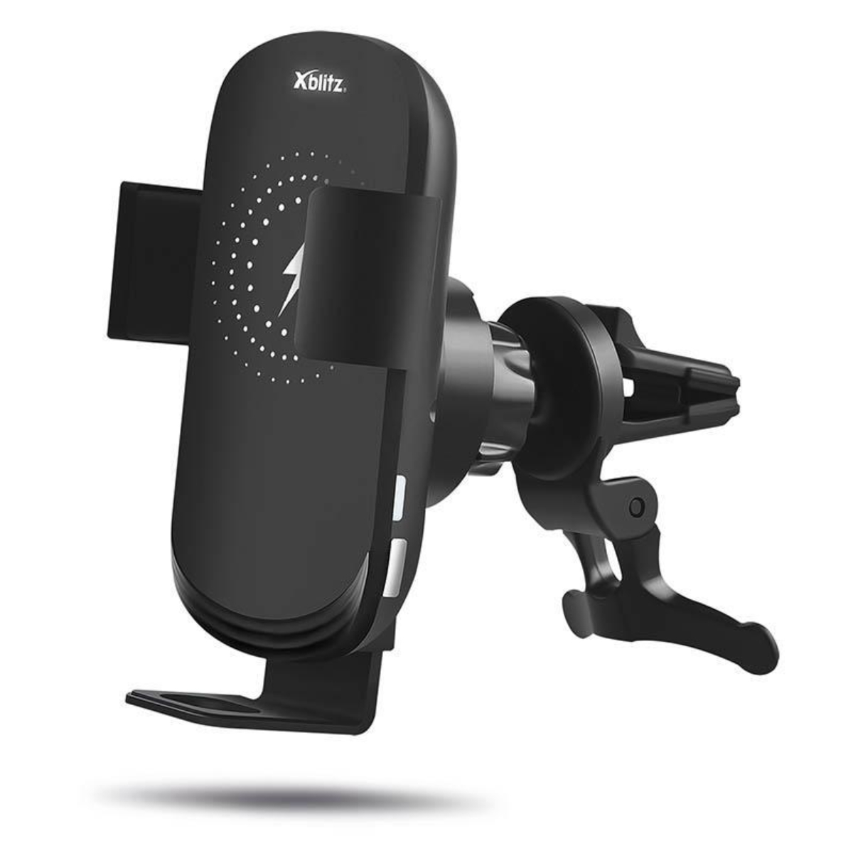 Un supporto per auto nero con ricarica wireless. Lo sfondo è bianco.