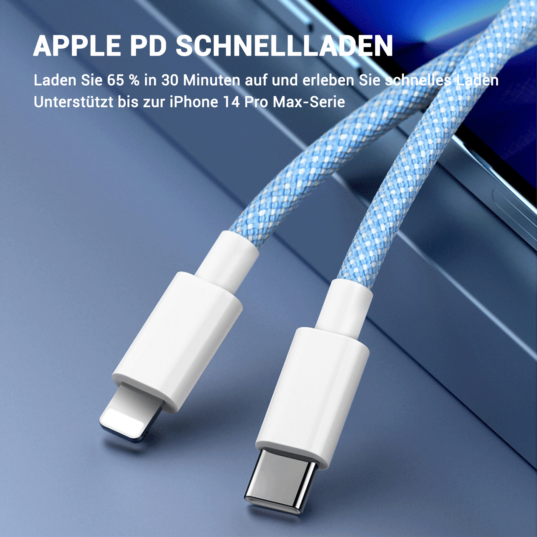 Zwei Ladekabel mit weißen Steckern und blauem Kabel. Sie dienen zum Schnellladen.