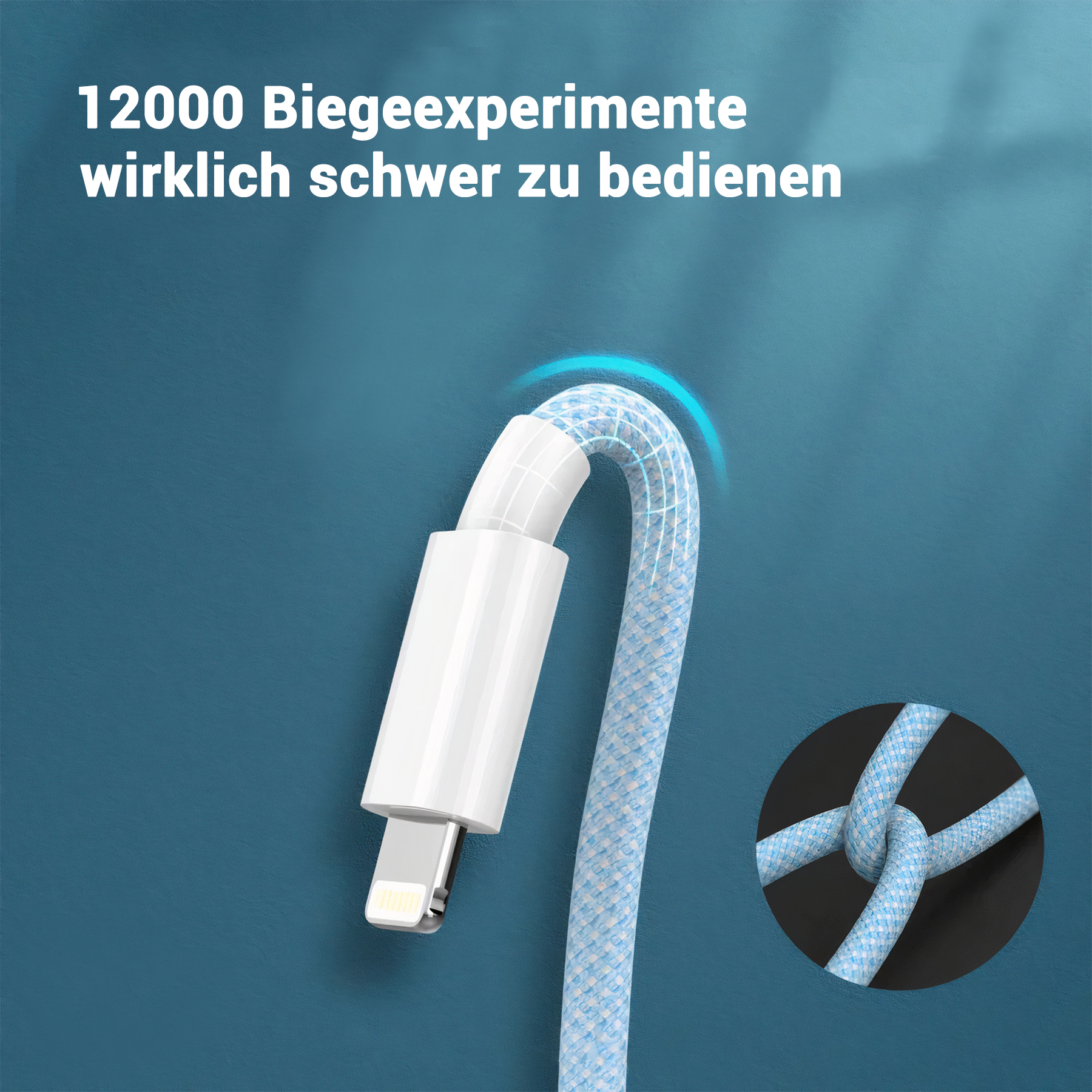 Weiß-blaues Kabel mit weißem Stecker und Text '12000 Biegexperimente' auf dem Bildschirm.