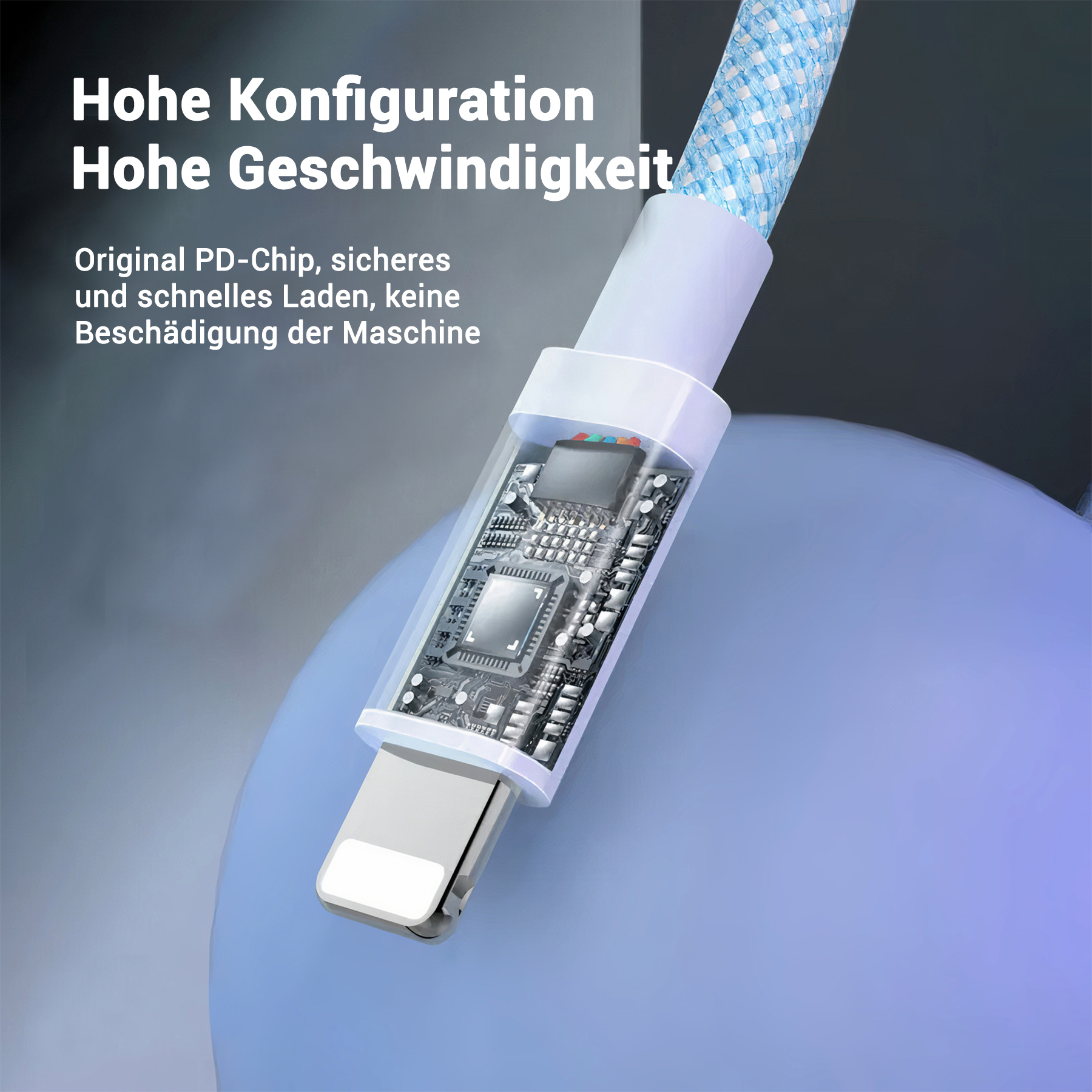 Nahaufnahme eines aufgeschnittenen Ladekabels, das die innere Schaltung zeigt, mit deutschem Text.