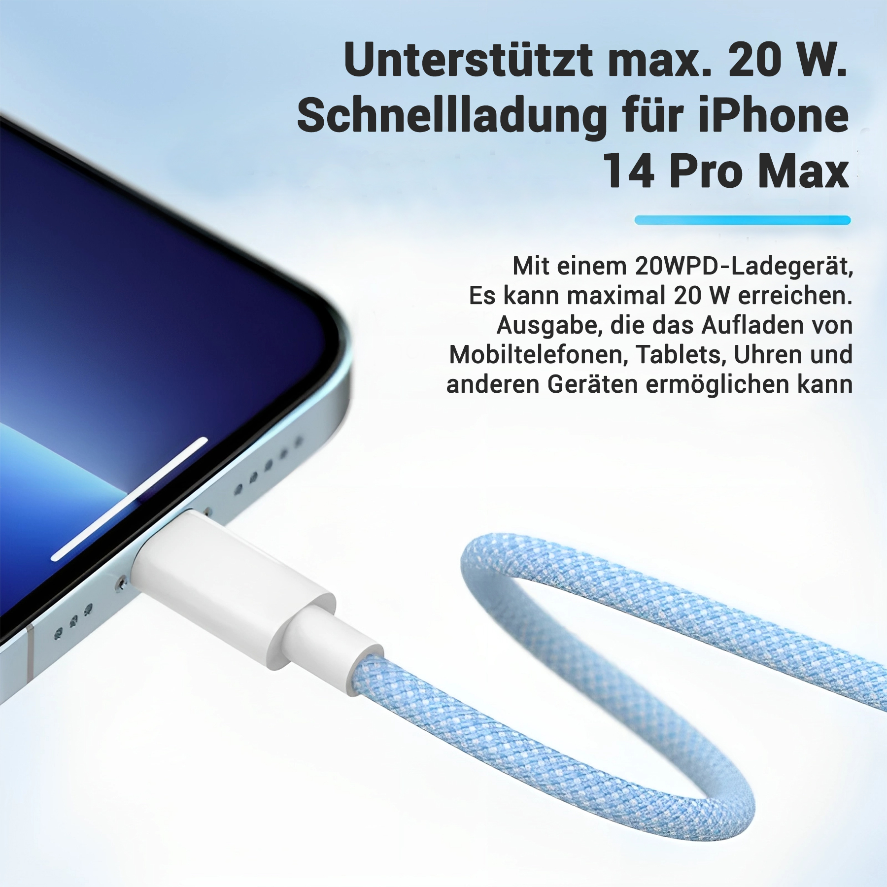 Ein Telefon, das mit einem blauen Kabel aufgeladen wird. Das Telefon ist weiß und wird mit einem blau-weißen Kabel aufgeladen.