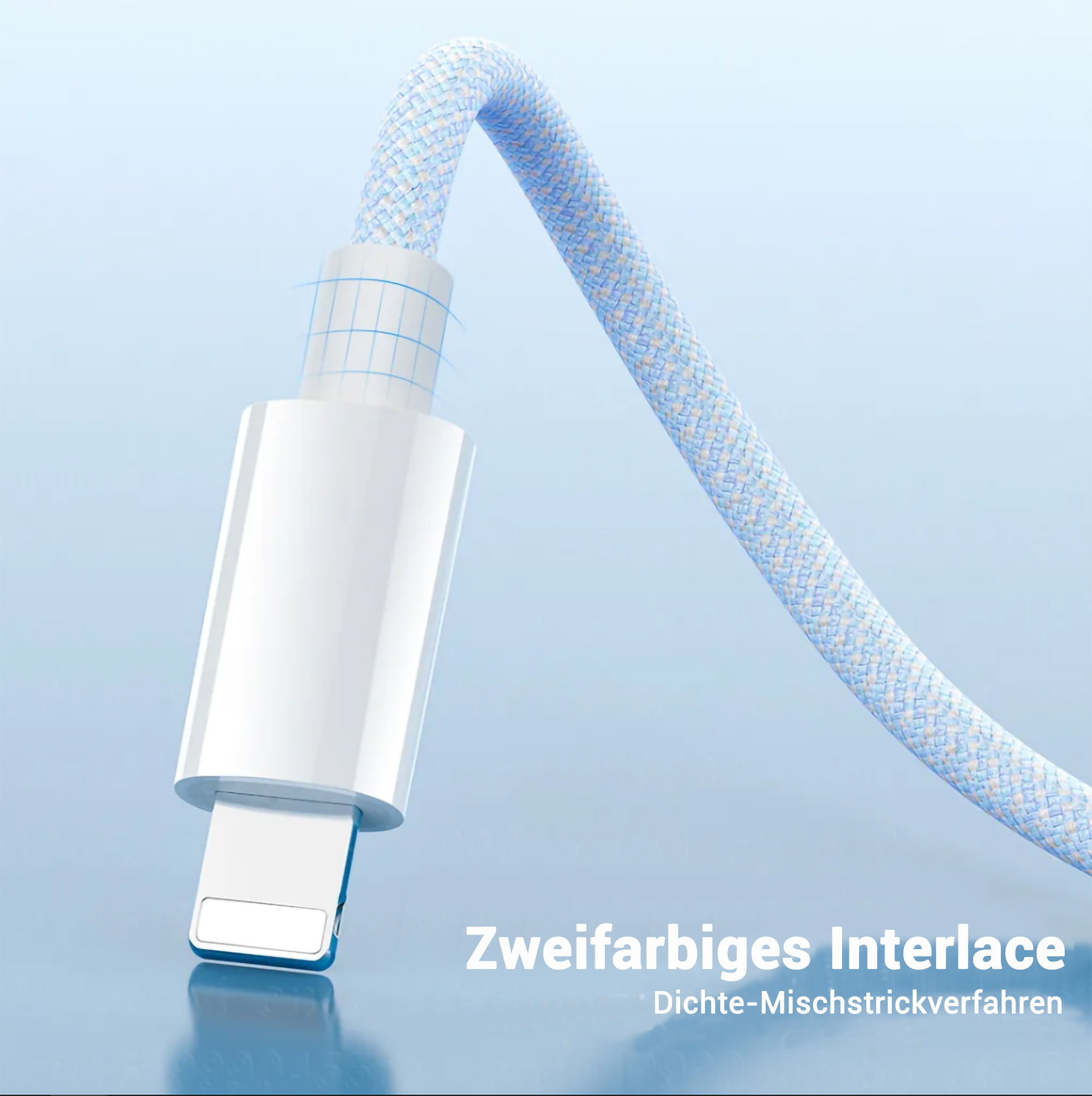 Weißes Ladekabel mit blauer Webstruktur. Der Text lautet „Zweifarbiges Interlace“.