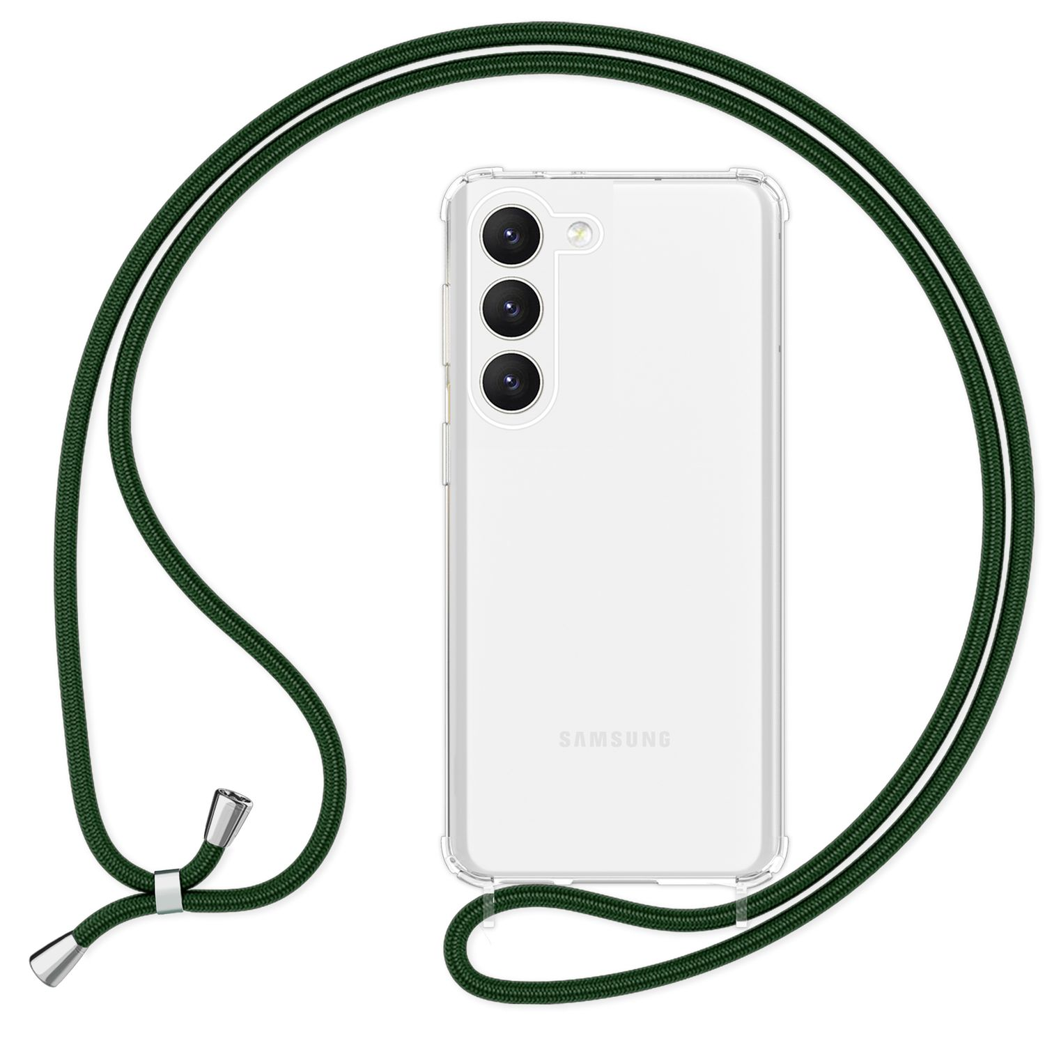 Eine transparente Handyhülle mit grünem Seilriemen. Das Telefon ist in der Hülle, mit drei Kameras.