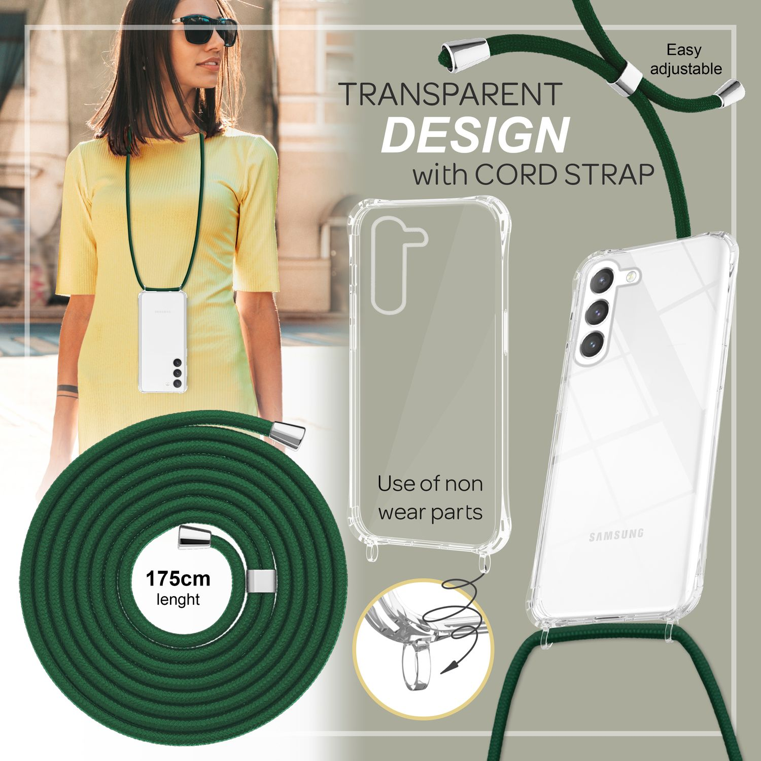 Frau mit Telefon mit Lanyard, Hülle und grünem Kordelriemen.