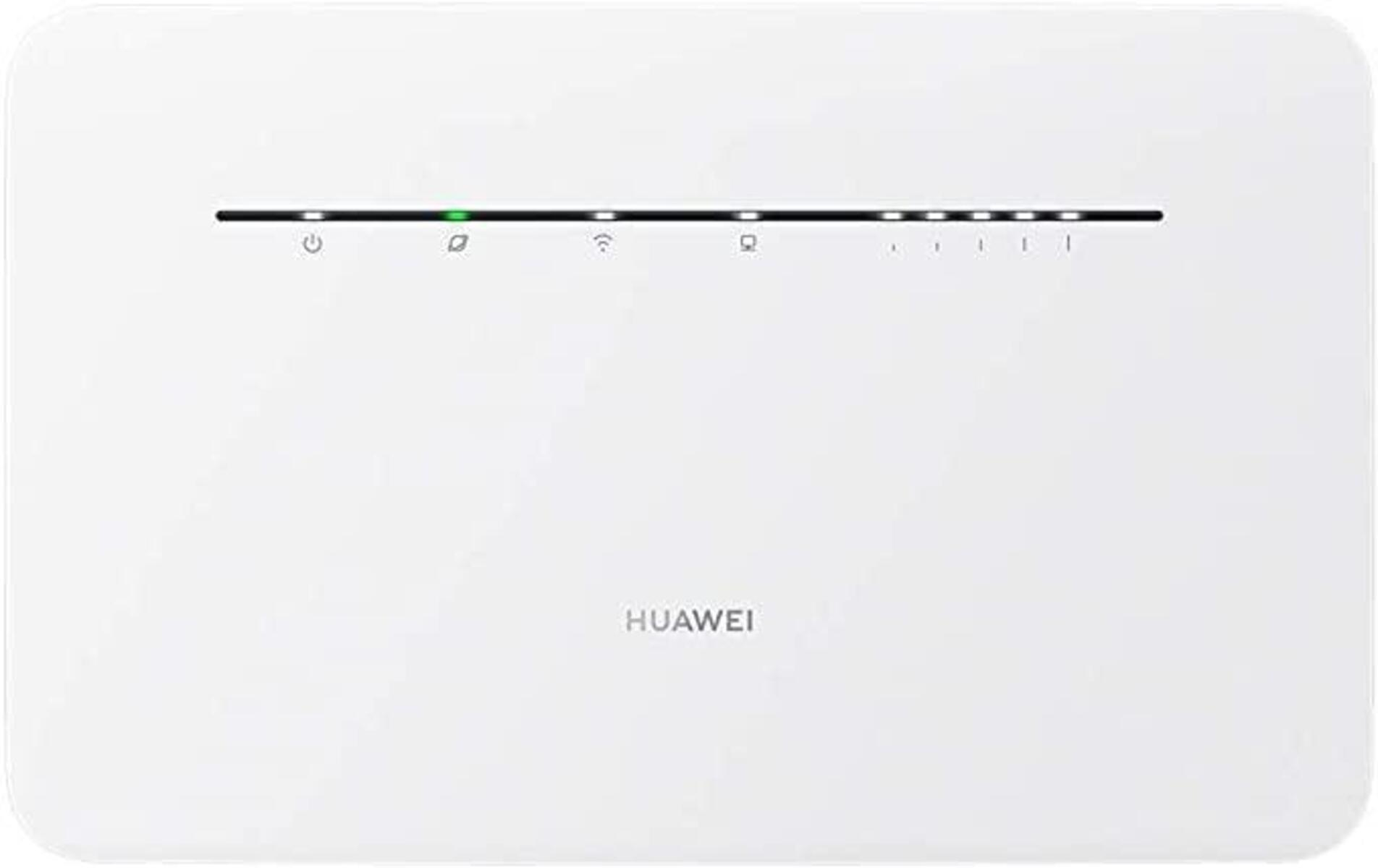 Ein weißer Router mit einigen Kontrollleuchten oben und dem Namen 'HUAWEI' unten.