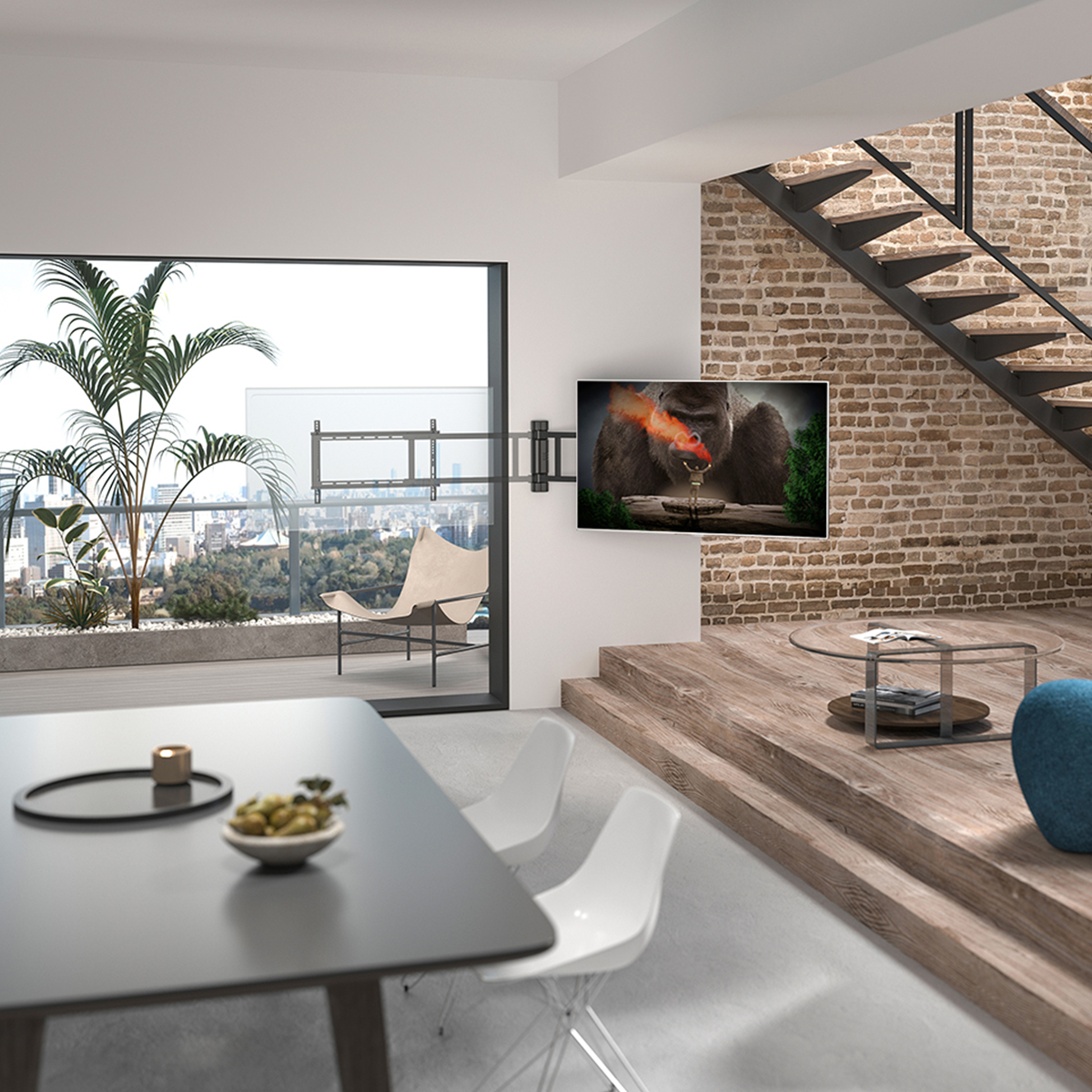 Modernes Wohnzimmer mit TV an der Wand, Esstisch und Blick auf die Stadt.
