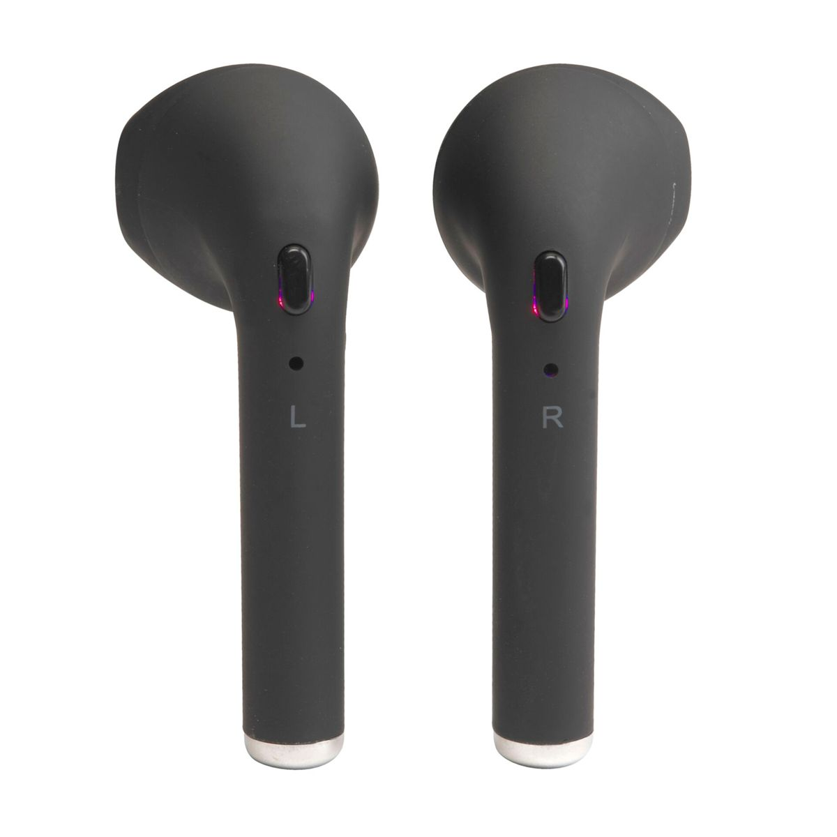 Coppia di auricolari wireless neri. Entrambi con marcature 'L' e 'R', che mostrano i lati sinistro e destro. Sfondo bianco.