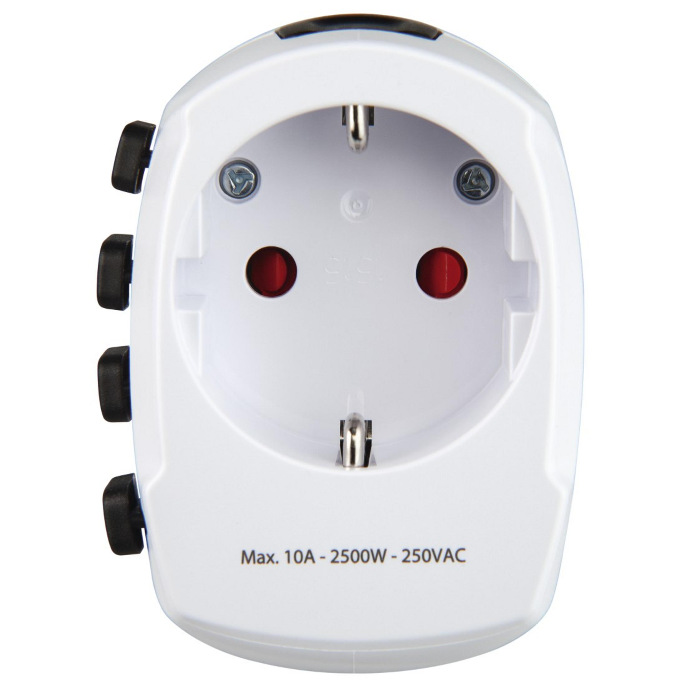 Adattatore da viaggio bianco con pulsanti e fori neri. Testo: Max. 10A - 2500W - 250VAC.