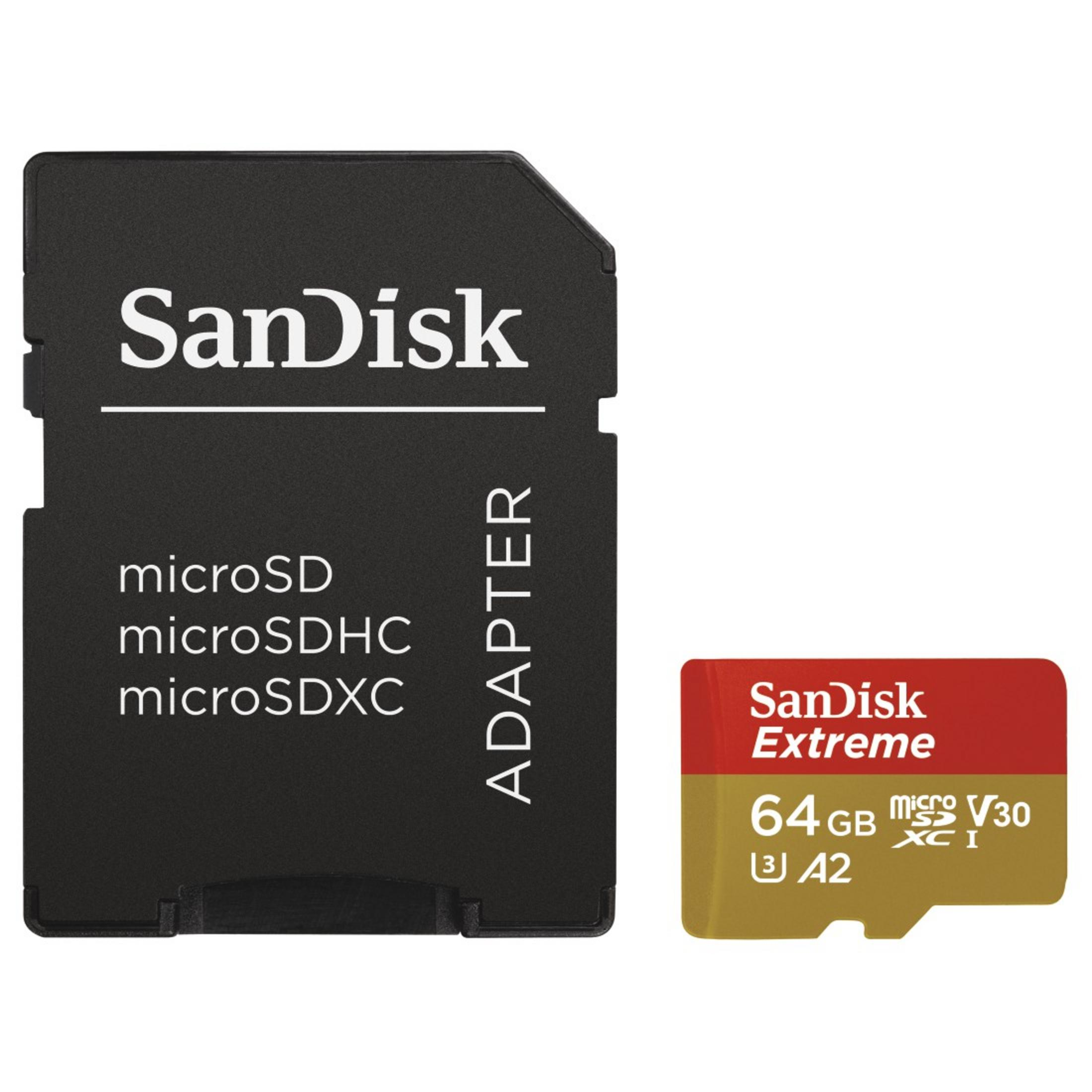 Ein schwarzer SD-Kartenadapter und eine rot-goldene 64 GB microSD-Karte.