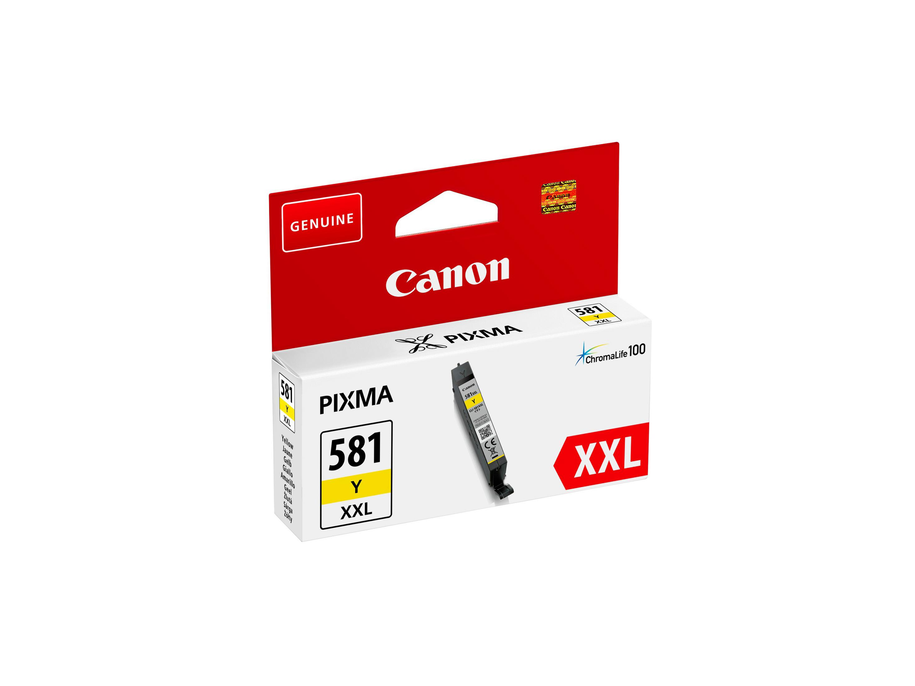 Cartouche d'encre jaune Canon 581 XXL dans une boîte rouge et blanche.