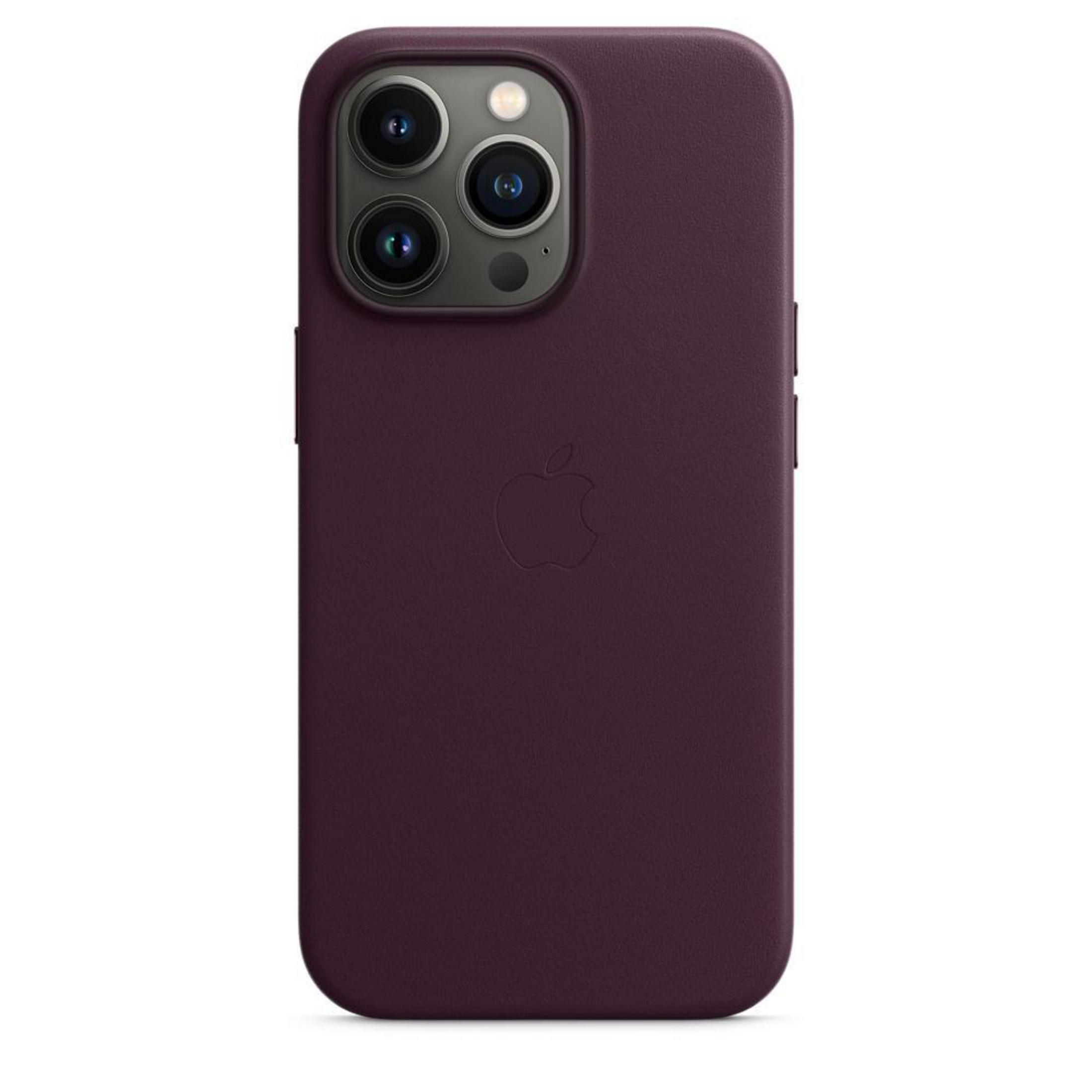 Paarse leren telefoonhoes met een Apple-logo. Het heeft een uitsparing voor een drievoudige camera.