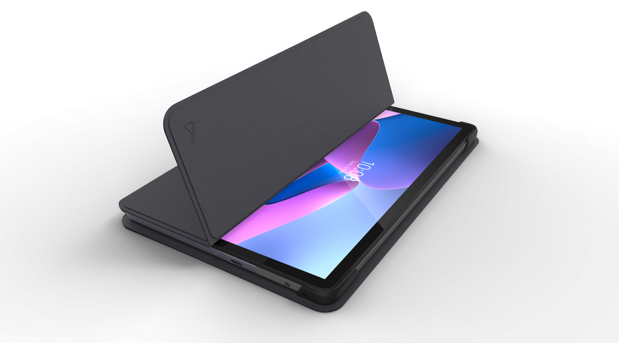 Tableta con funda gris oscuro, pantalla mostrando la hora y fecha.