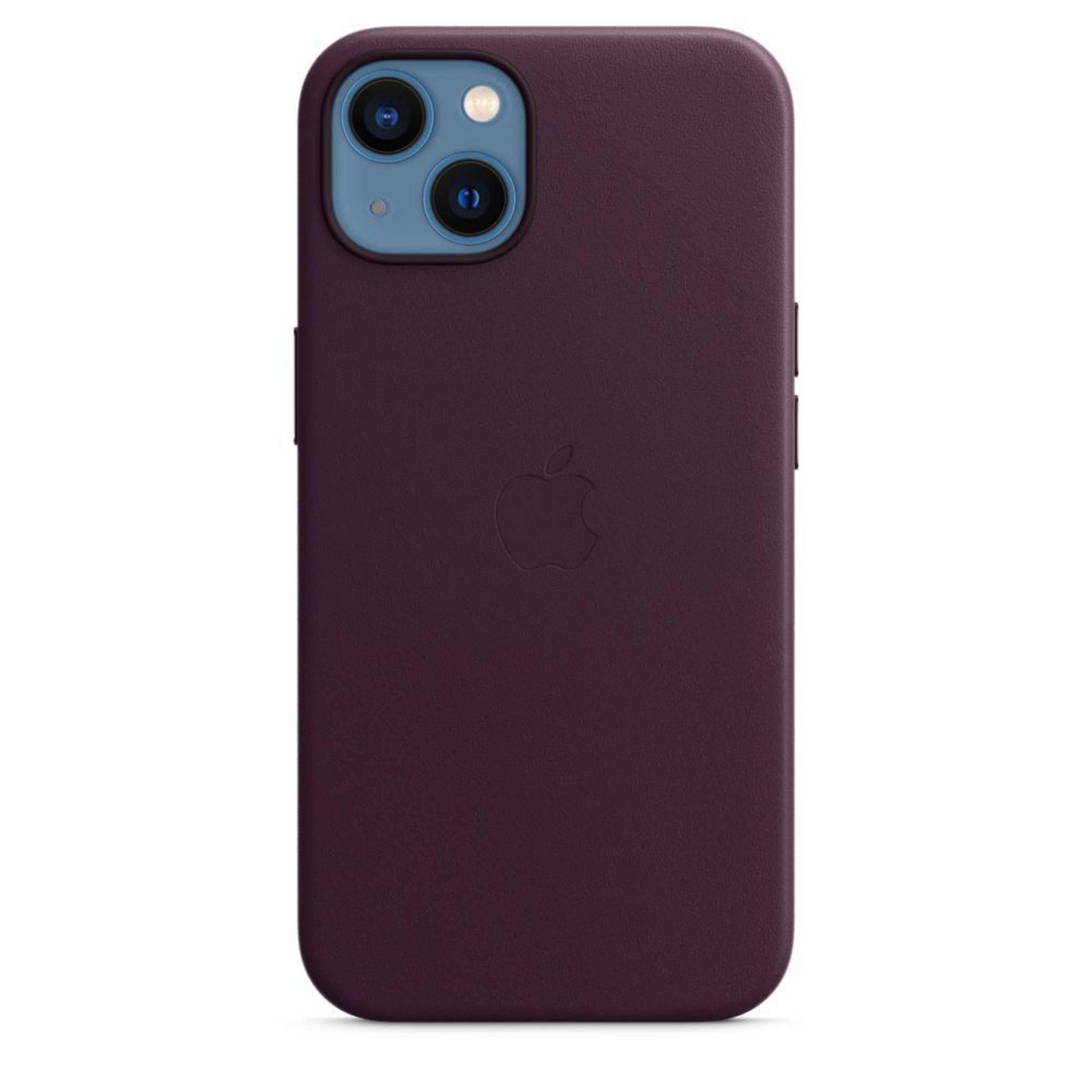 Lila Leder-Handyhülle mit Apple-Logo und Kamerasystem.