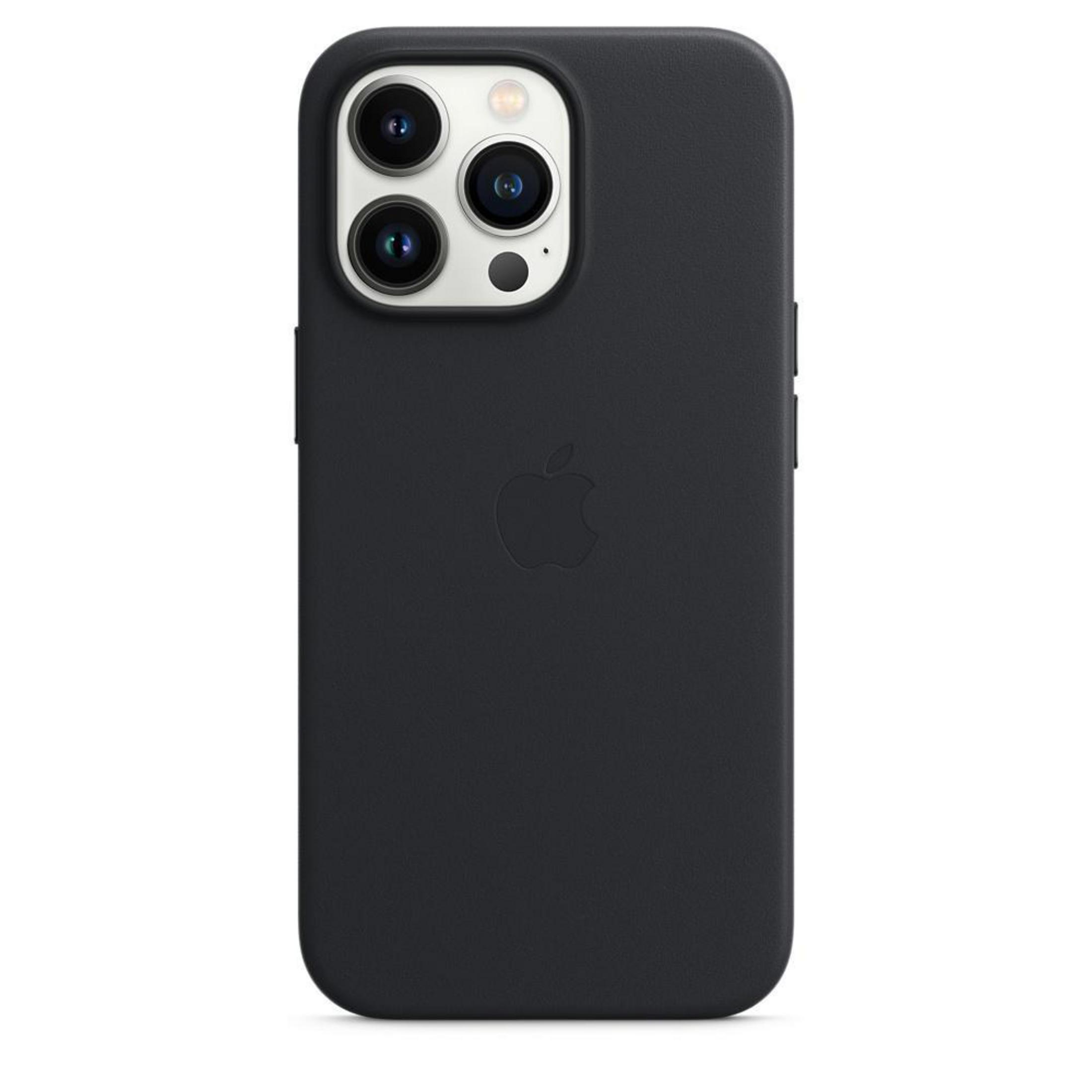 Schwarze Handyhülle mit drei Kameralinsen und dem Apple-Logo, auf weißem Hintergrund.