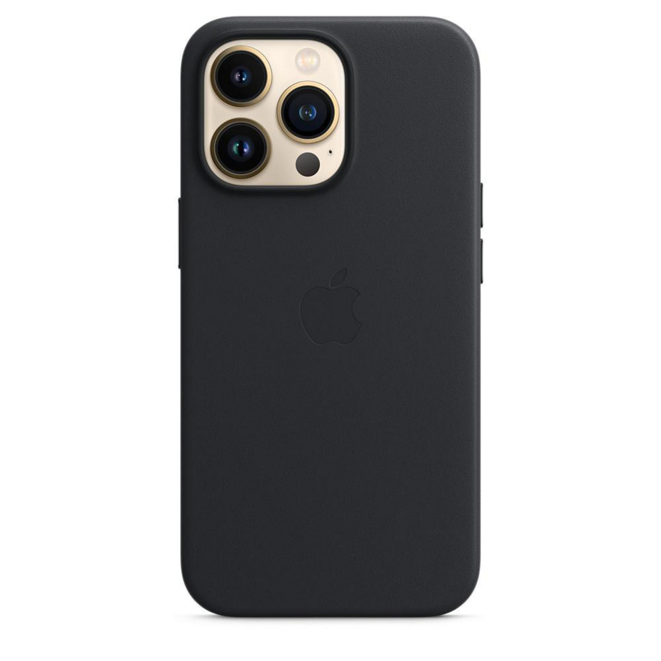Eine schwarze Handyhülle mit einem Apple-Logo. Sie hat drei Kameralinsen.
