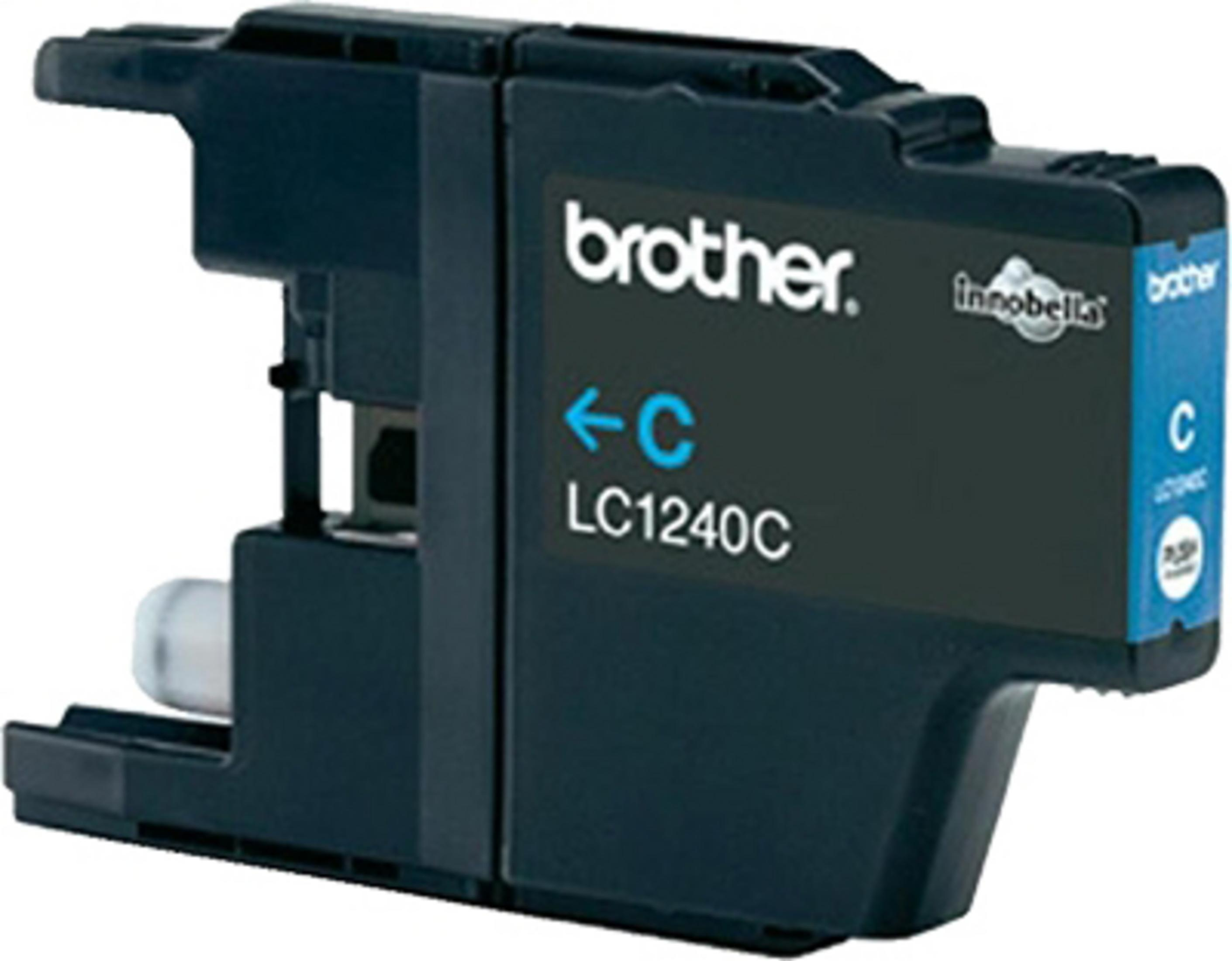 Blauwe Brother LC1240C inktcartridge. Het heeft zwarte tekst en het Brother-logo.