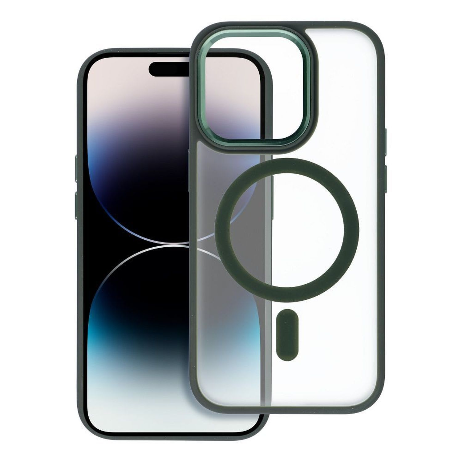 Un iPhone 14 Pro e una custodia trasparente con contorno verde e cerchio verde.