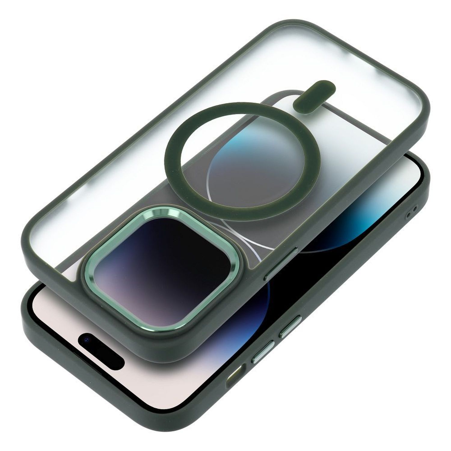 Custodia per telefono. Il telefono è nero e la custodia è trasparente con un anello verde.
