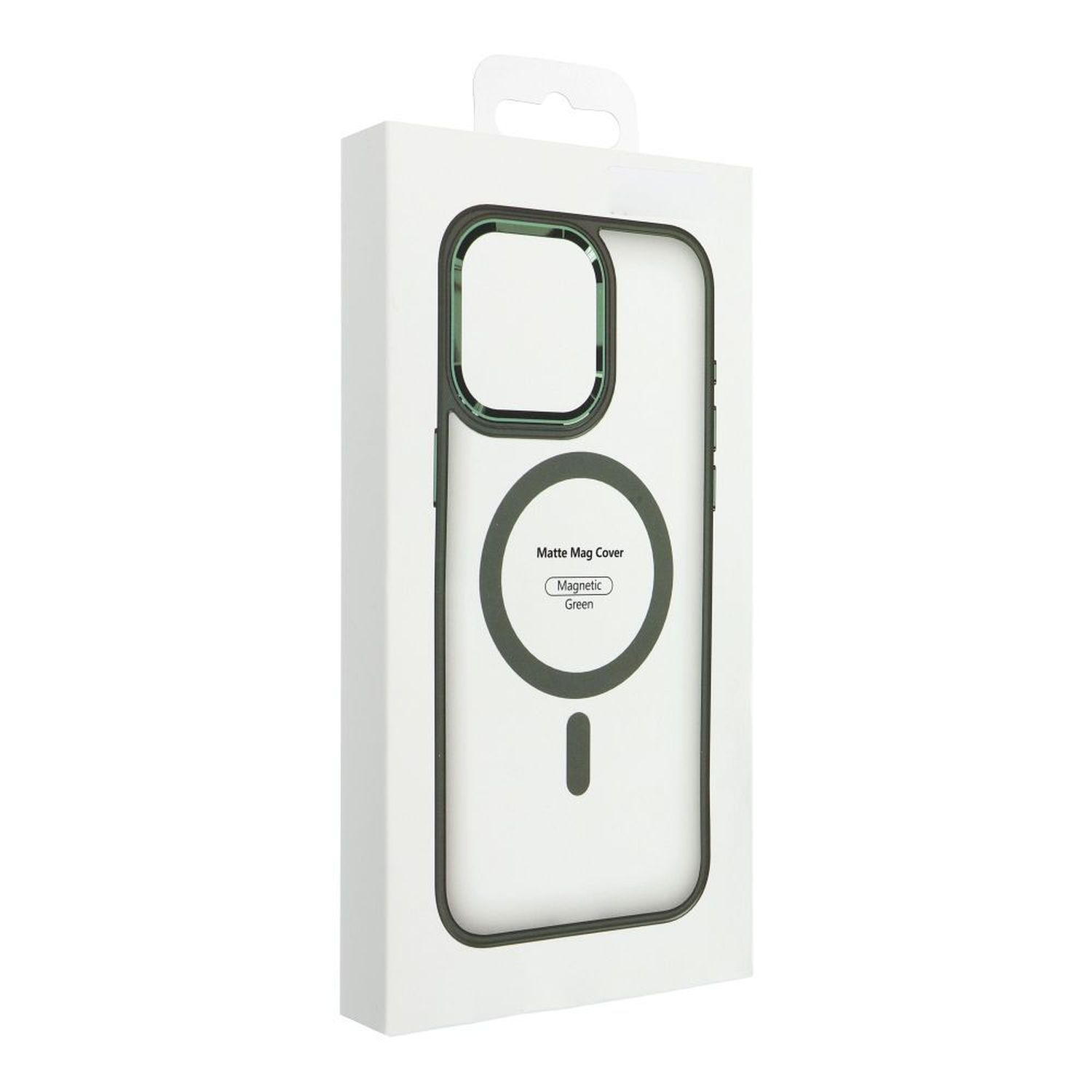 Custodia trasparente per telefono in una scatola bianca. La custodia ha un bordo nero e un anello MagSafe verde.