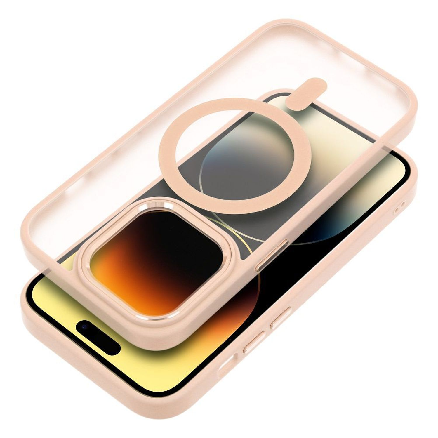 Eine Handyhülle mit durchsichtigem Oberteil, rosa Rahmen und einem Telefon im Inneren. Das Telefon hat eine Kamera.
