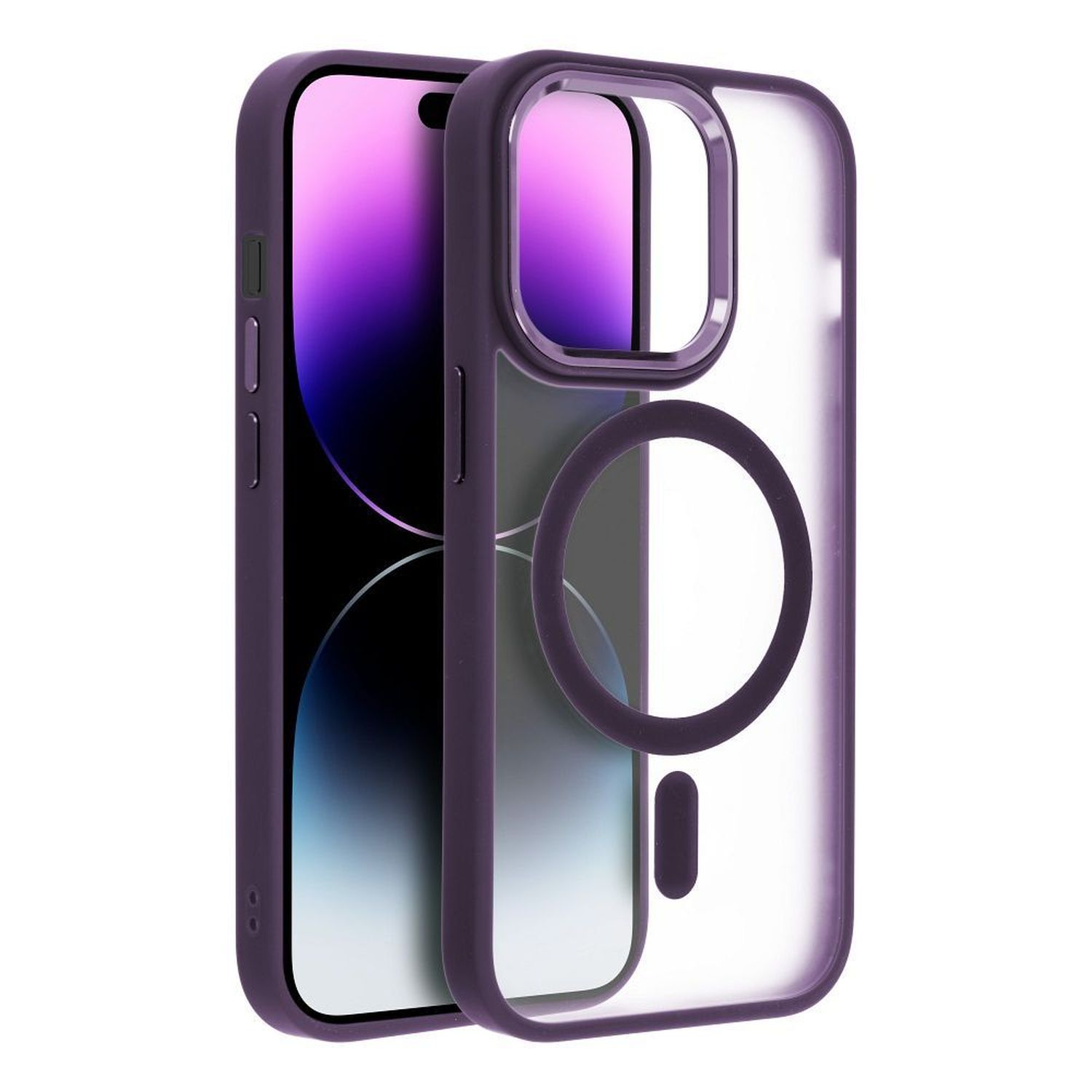 Custodia per iPhone viola con retro trasparente, bordi viola. Schermo del telefono visibile. Sfondo bianco.