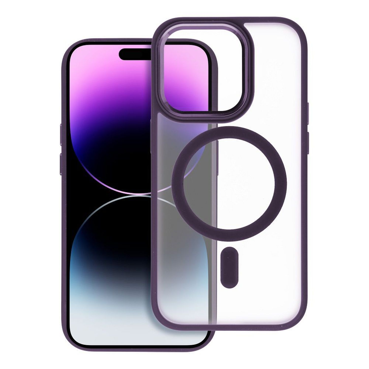 Una custodia trasparente con cornice nera e un iPhone 14 Pro all'interno. Il telefono mostra uno schermo viola.