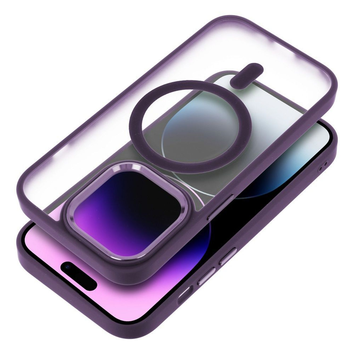 Una custodia per telefono con retro trasparente e cornice viola, con un telefono all'interno. La custodia ha un anello.