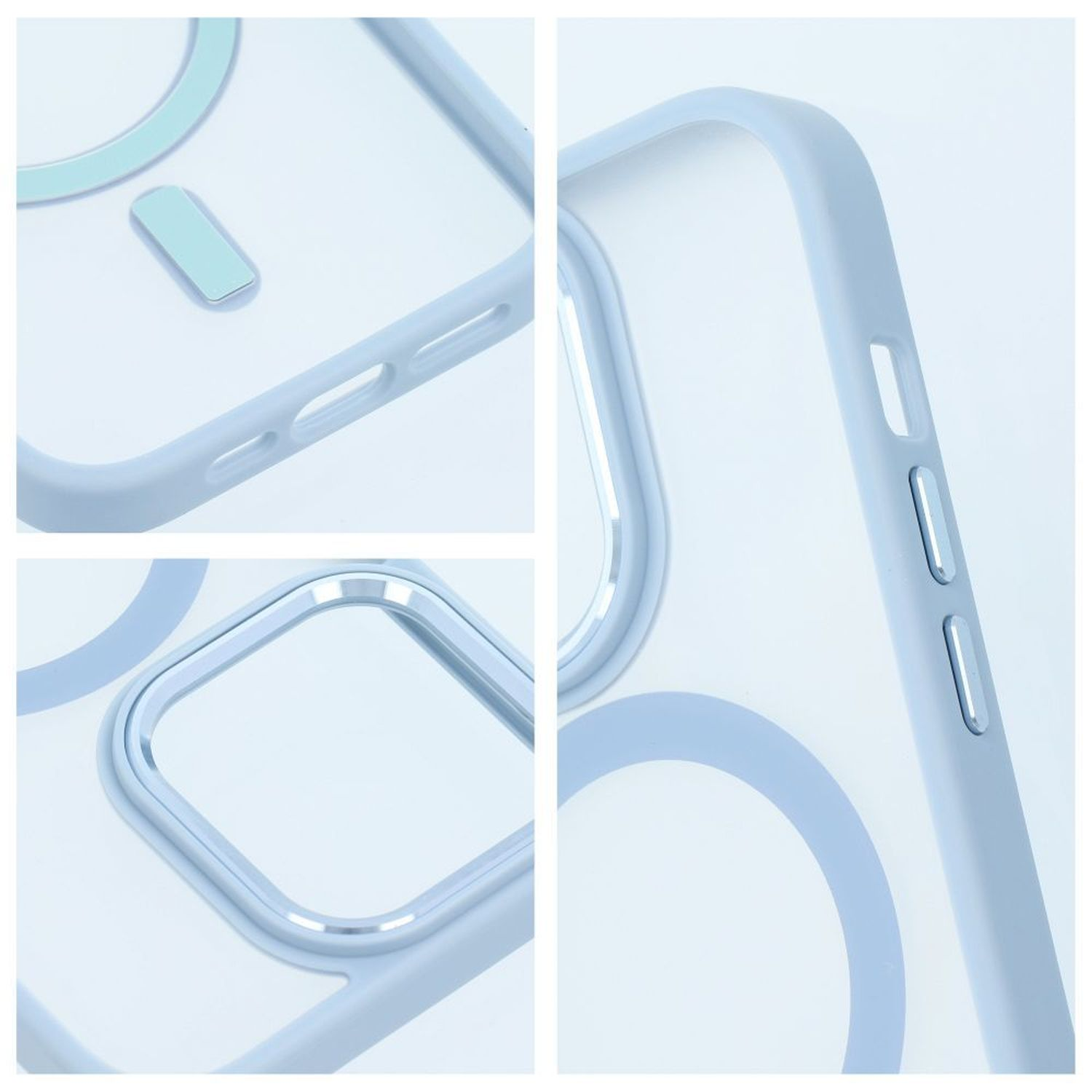 Primi piani di una custodia per telefono azzurra, con retro trasparente e dettagli blu.