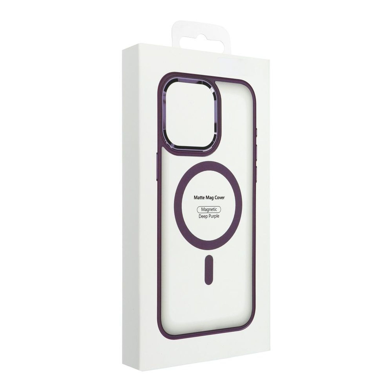 Una confezione di custodia per telefono. La custodia è visibile attraverso una parte anteriore trasparente con una cornice viola.