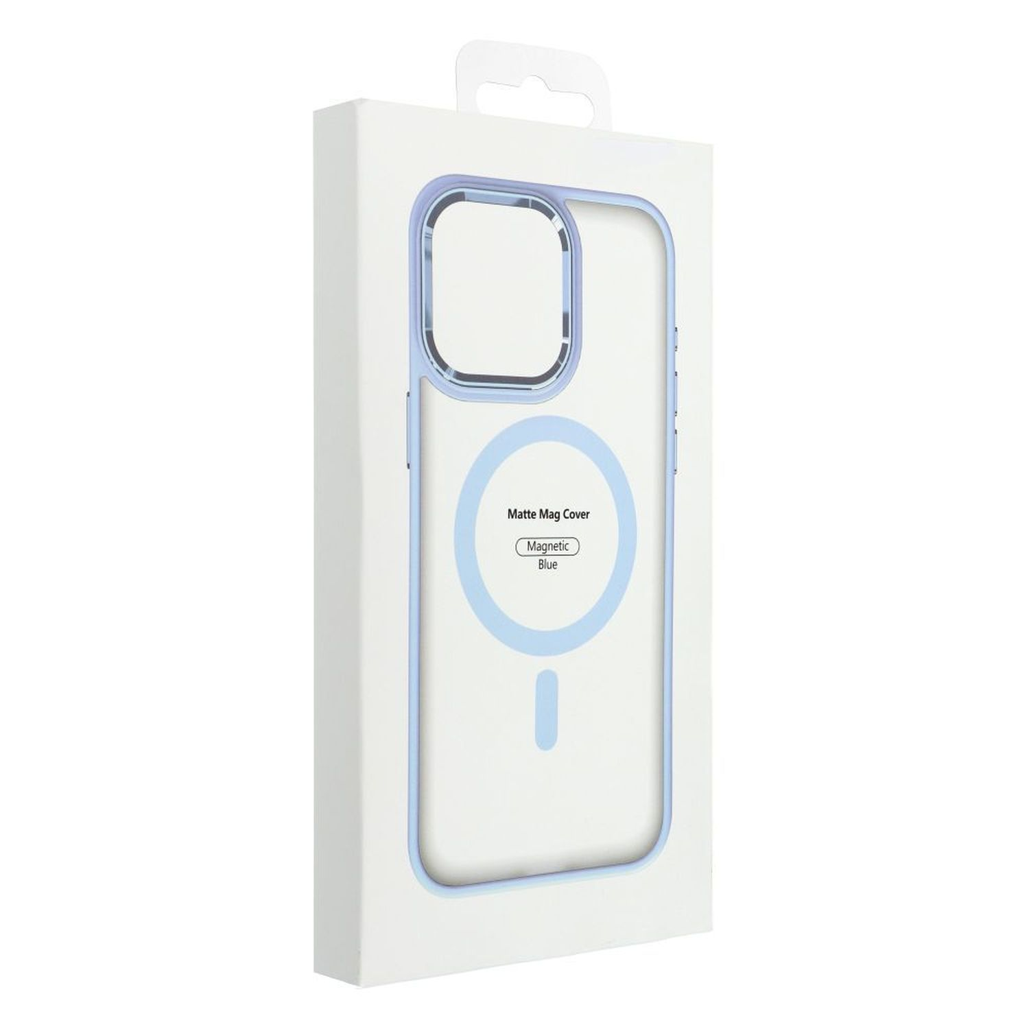 Custodia per telefono in confezione bianca, con contorno blu e cerchio magnetico. Sfondo bianco.