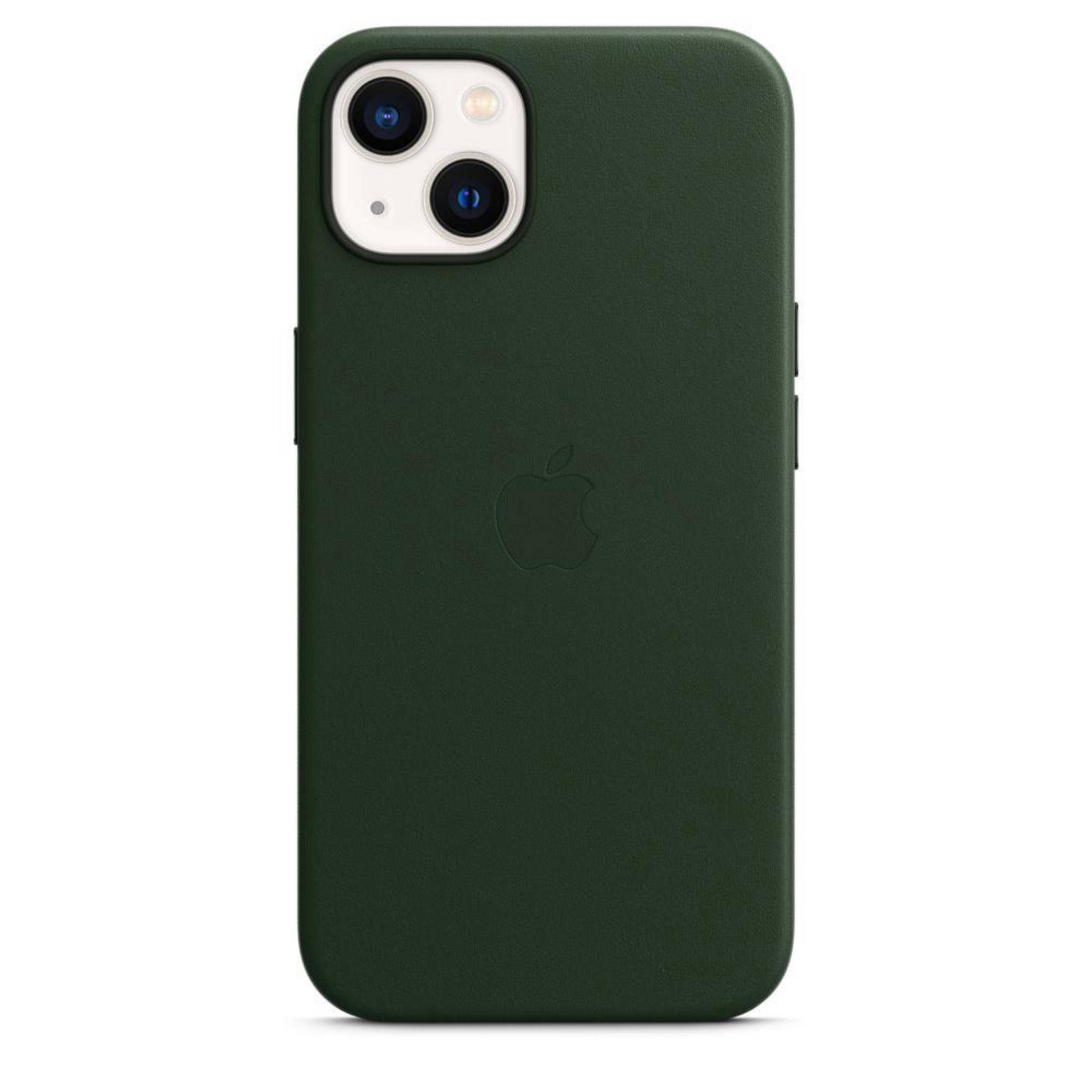 Dark green iPhone case with Apple logo. It has cutouts for the camera and buttons.