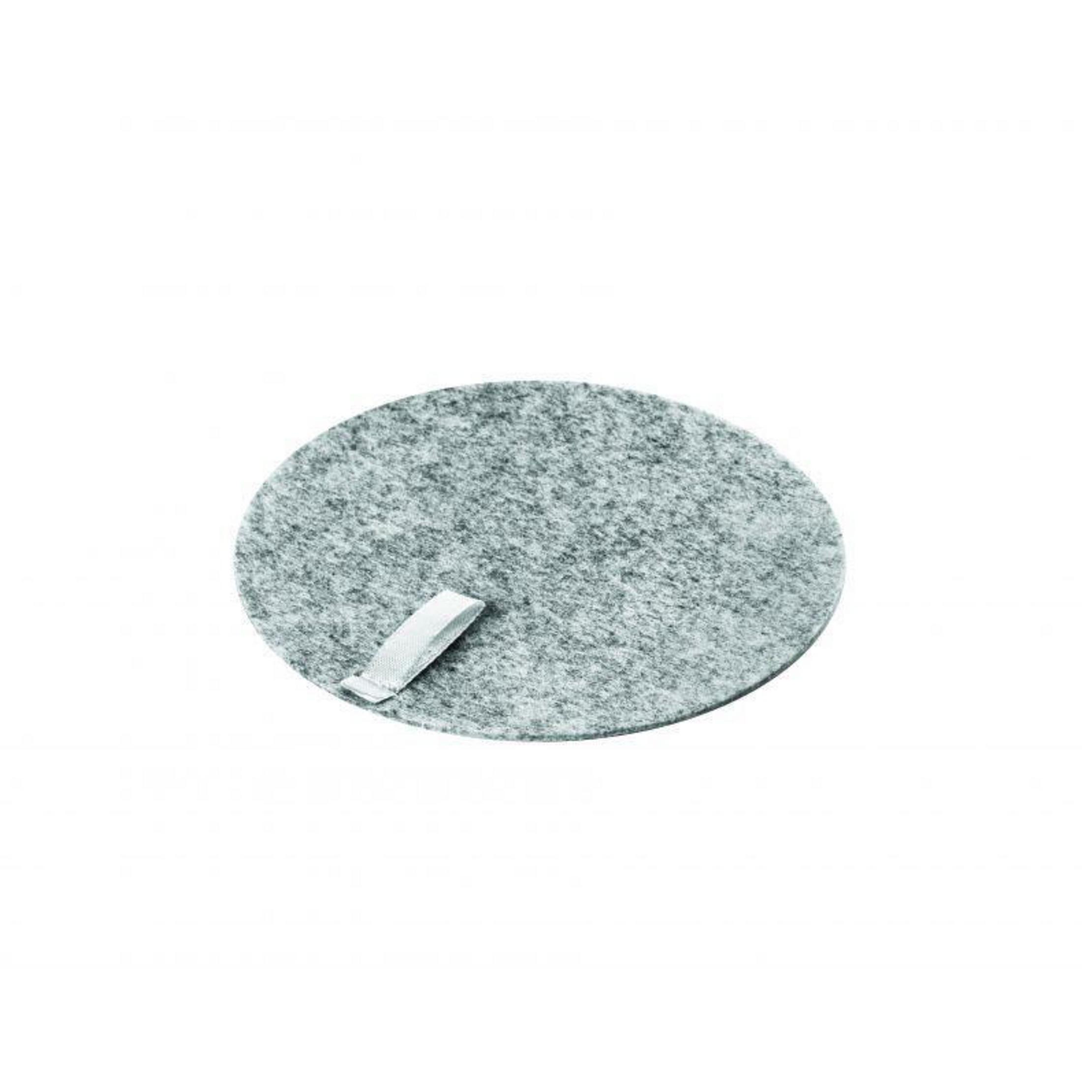 Un sottobicchiere rotondo grigio con una linguetta bianca su sfondo bianco.