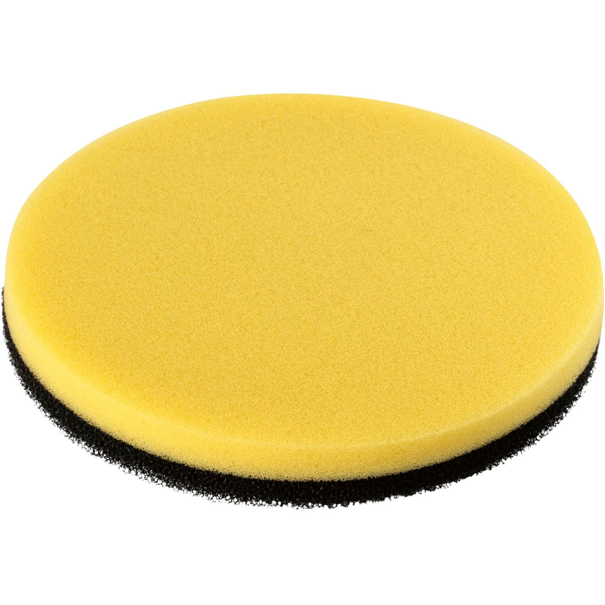 Un tampone di lucidatura giallo rotondo con base nera è isolato su sfondo bianco.