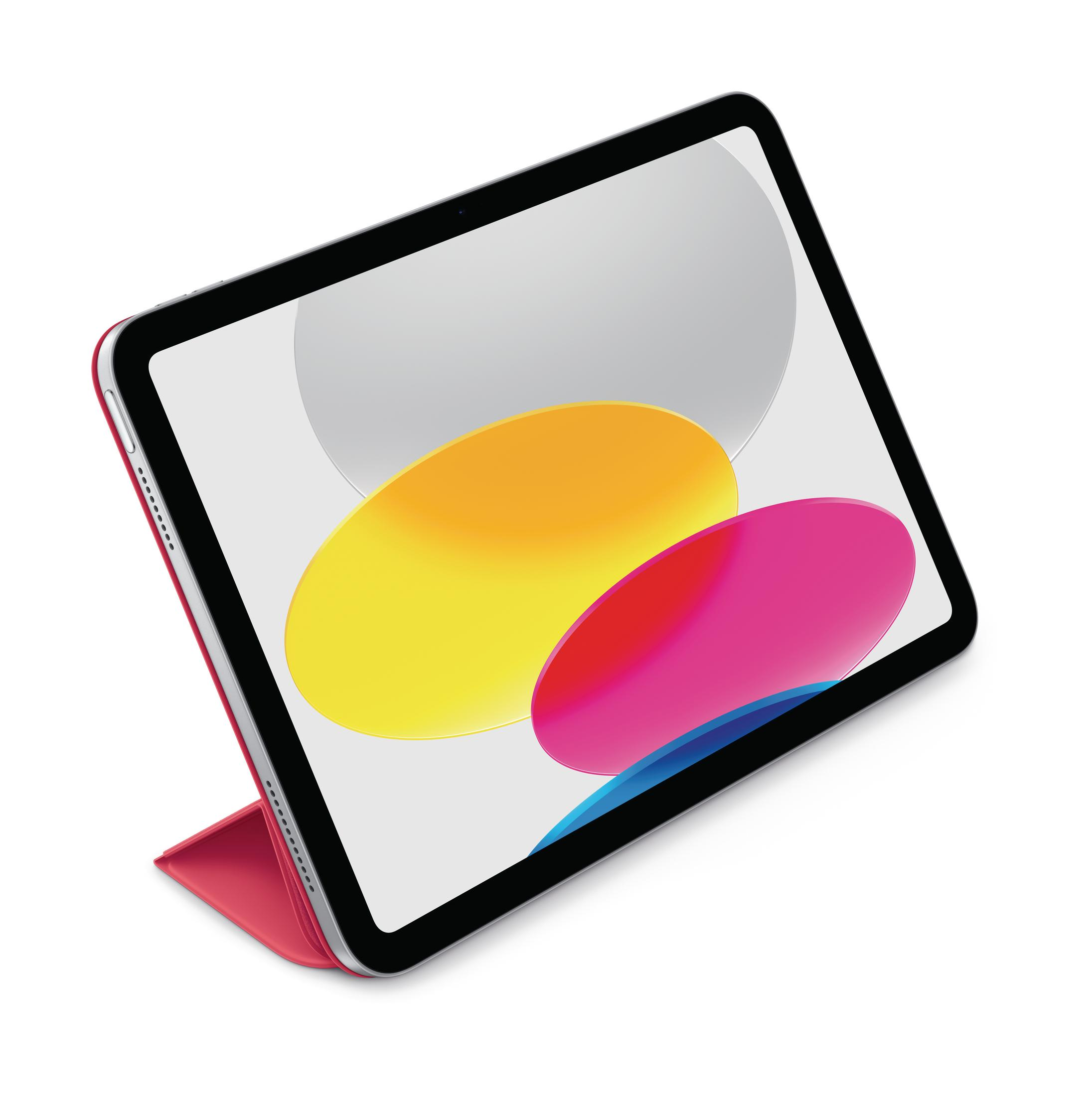Roze tablet met het scherm aan met een kleurrijke achtergrond.
