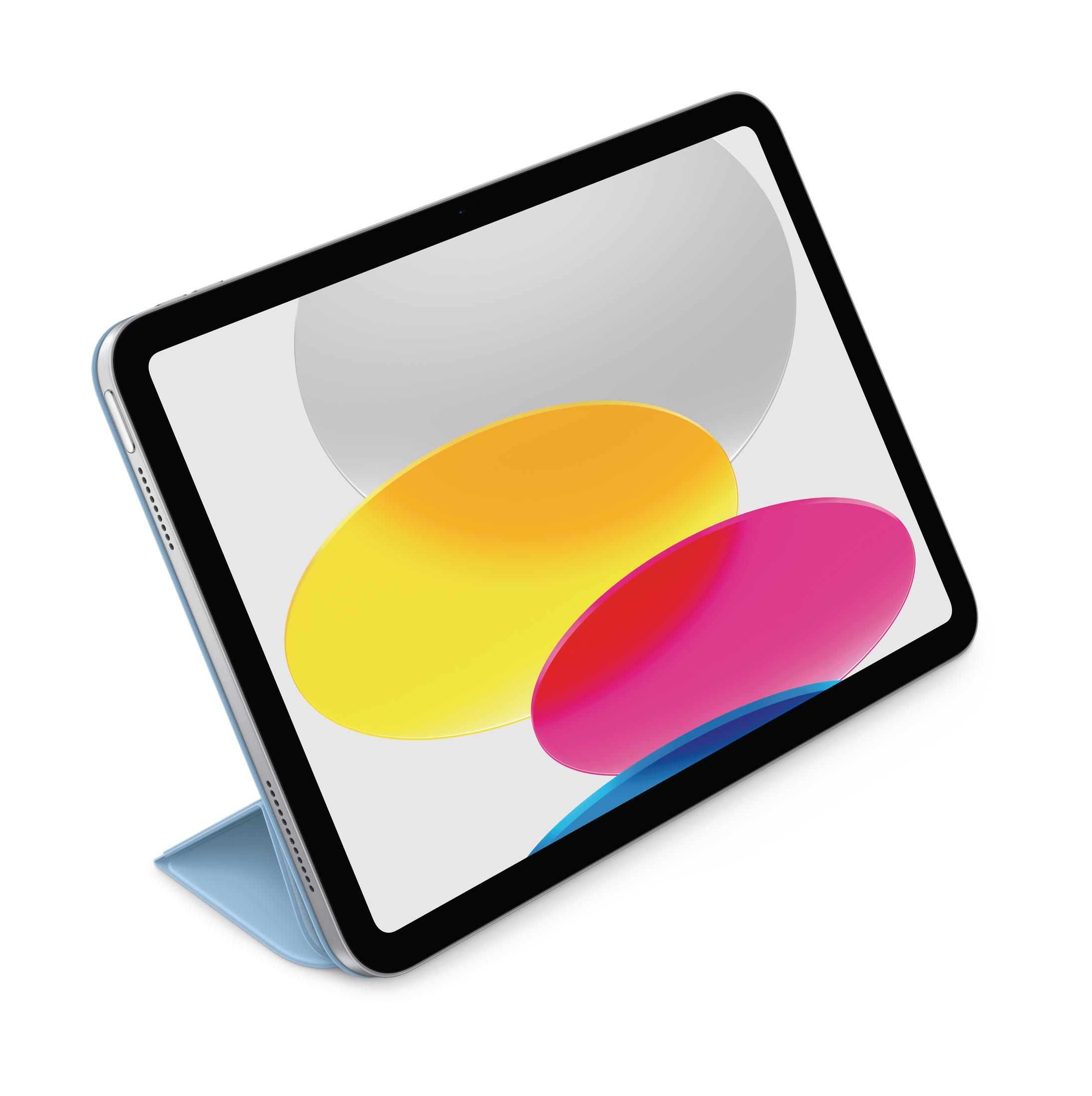 Ein iPad mit blauem Gehäuse ist geöffnet, mit einem farbenfrohen, abstrakten Hintergrund.