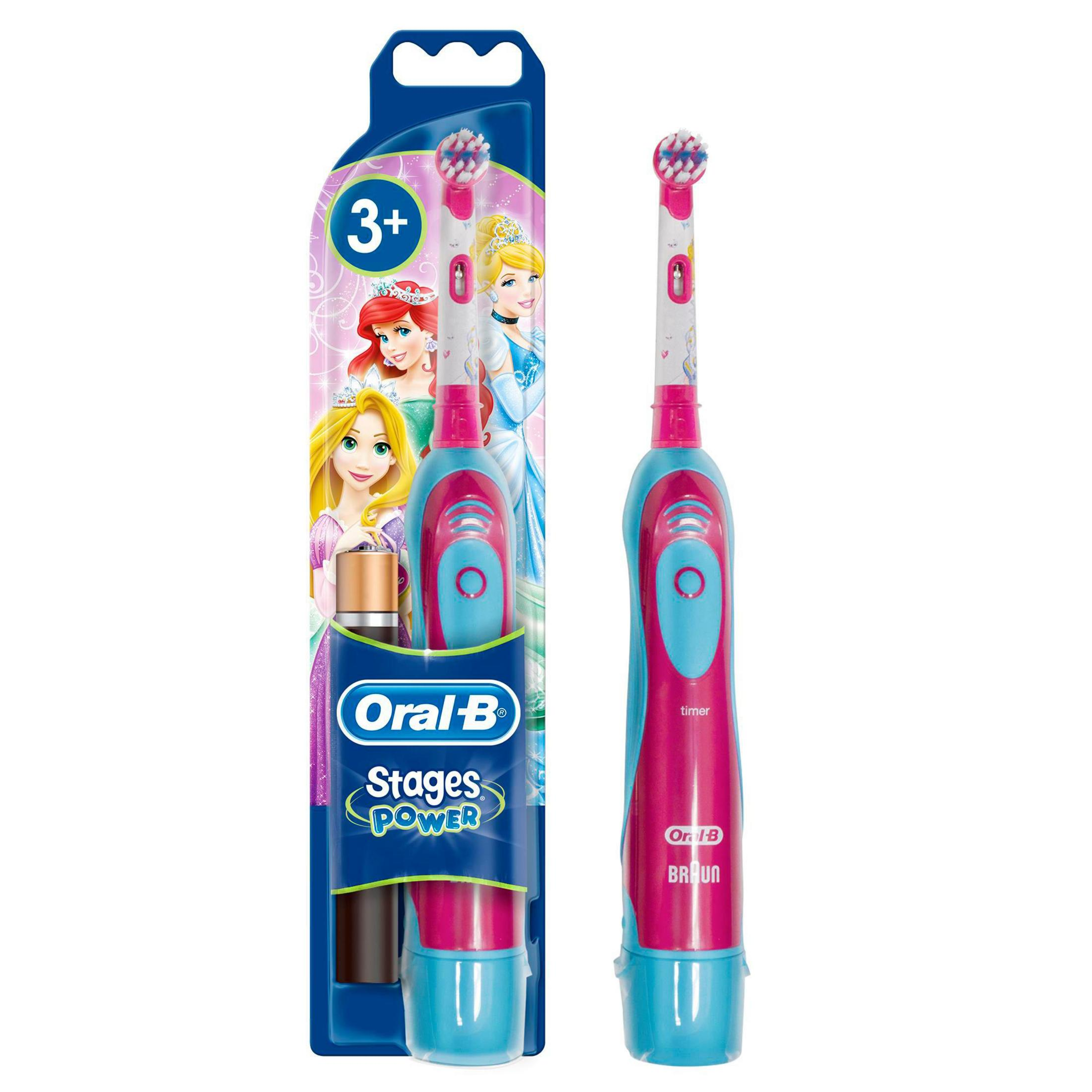 Uno spazzolino elettrico Oral-B Stages per bambini. Viene fornito in una scatola blu e rosa con principesse Disney.