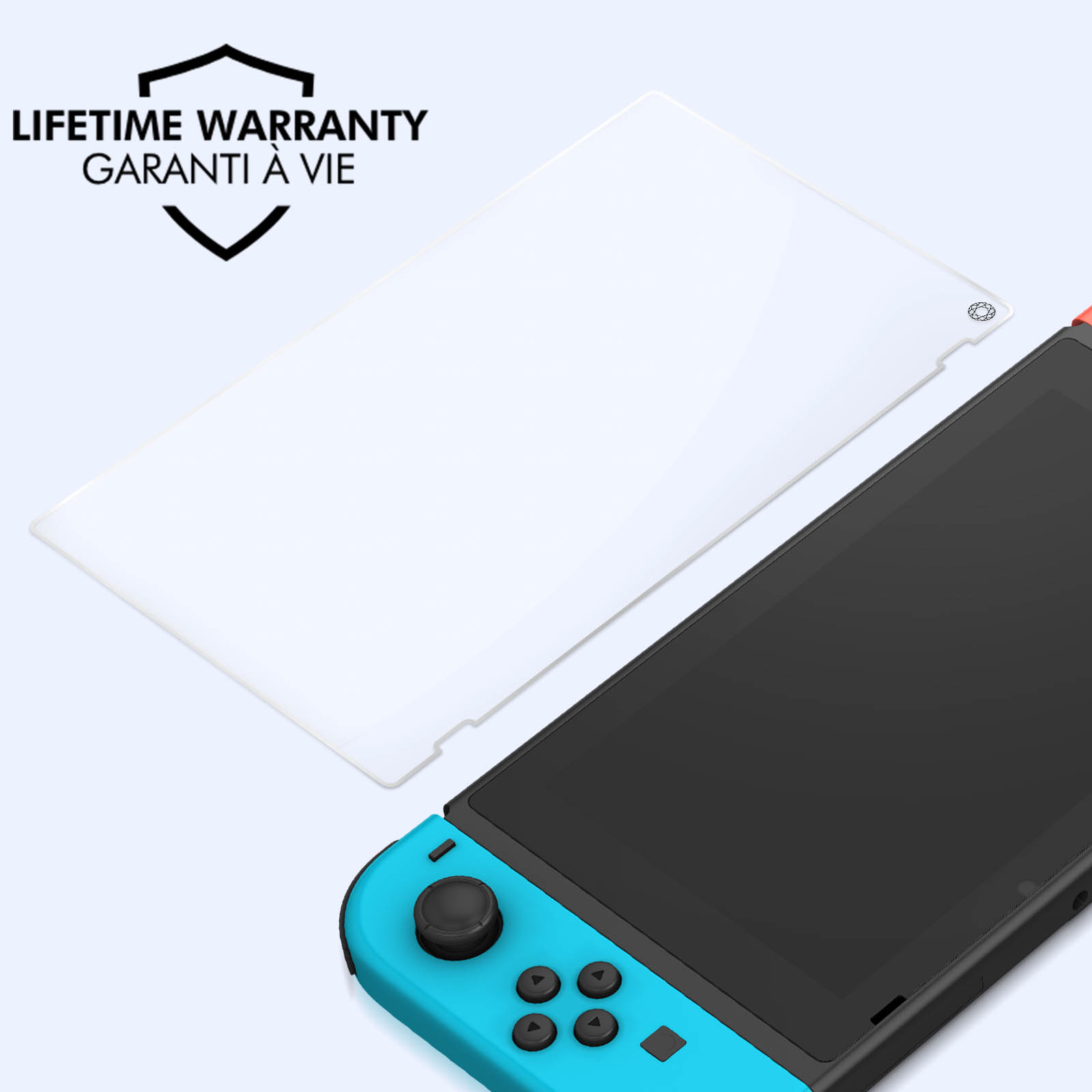 Una Nintendo Switch con protector de pantalla y un mando azul y negro. El fondo es un degradado.